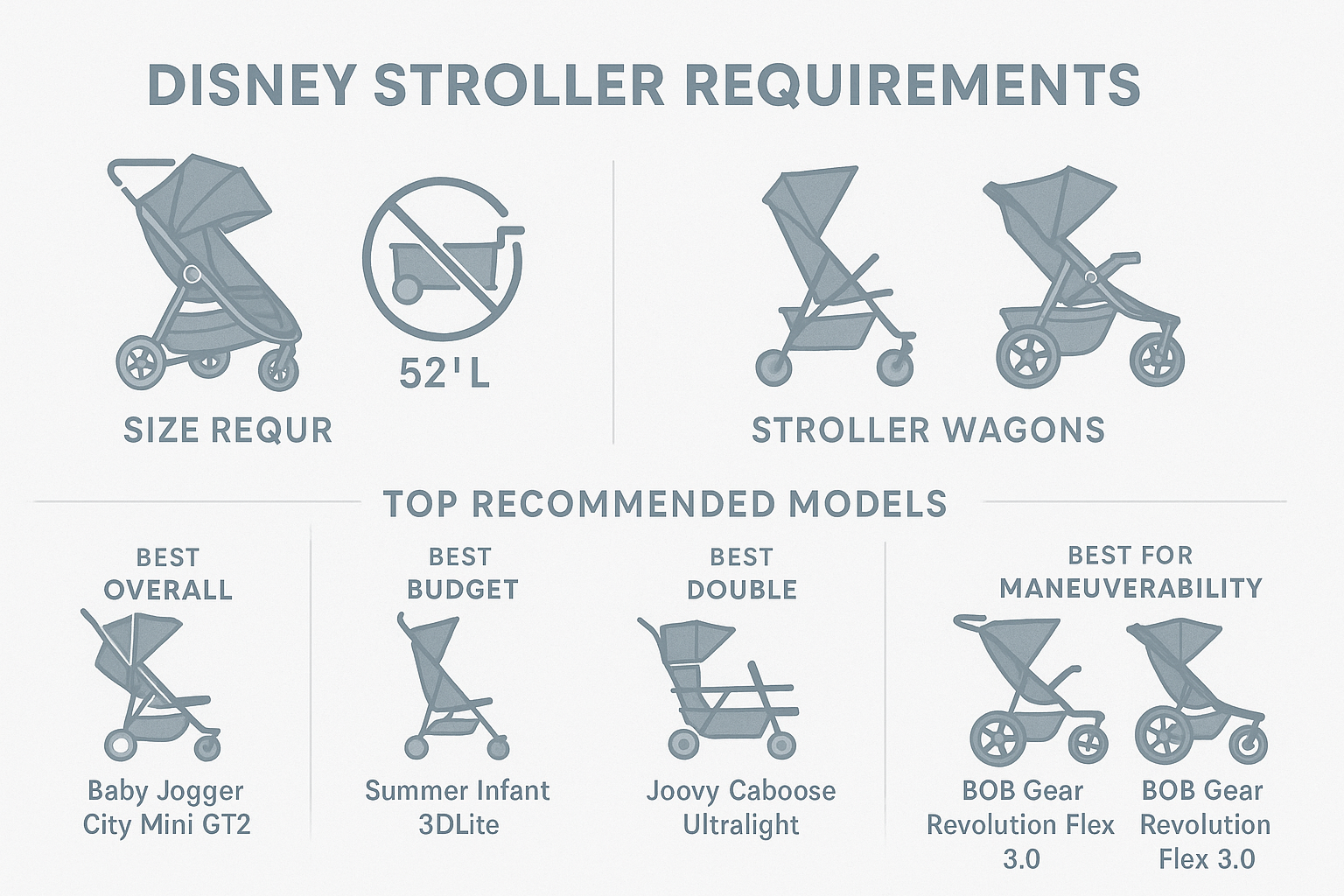 Disney stroller requirements and top recommended models comparison - Best strollers for Disney infographic 