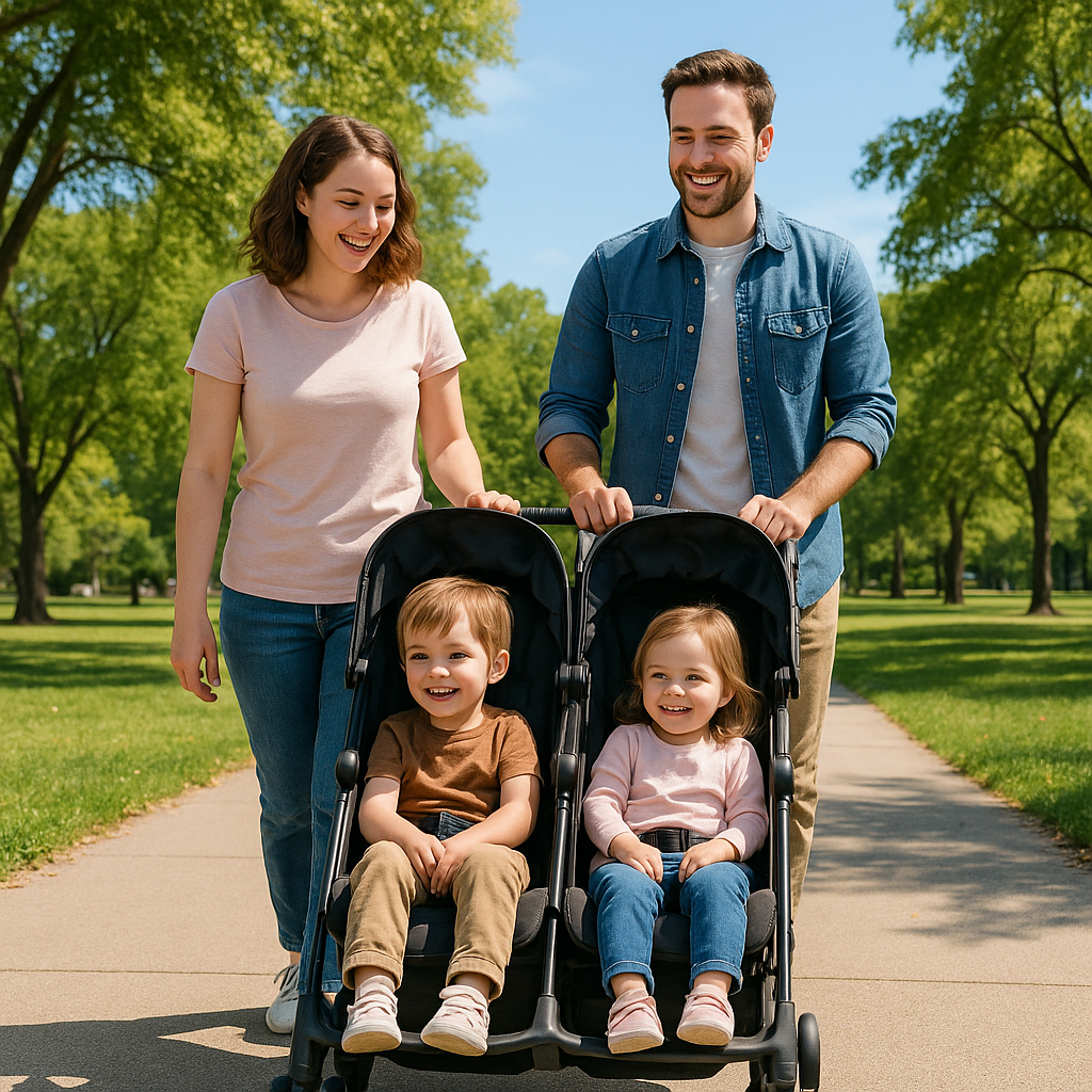 happy family with side by side stroller - side by side stroller fits through doorways