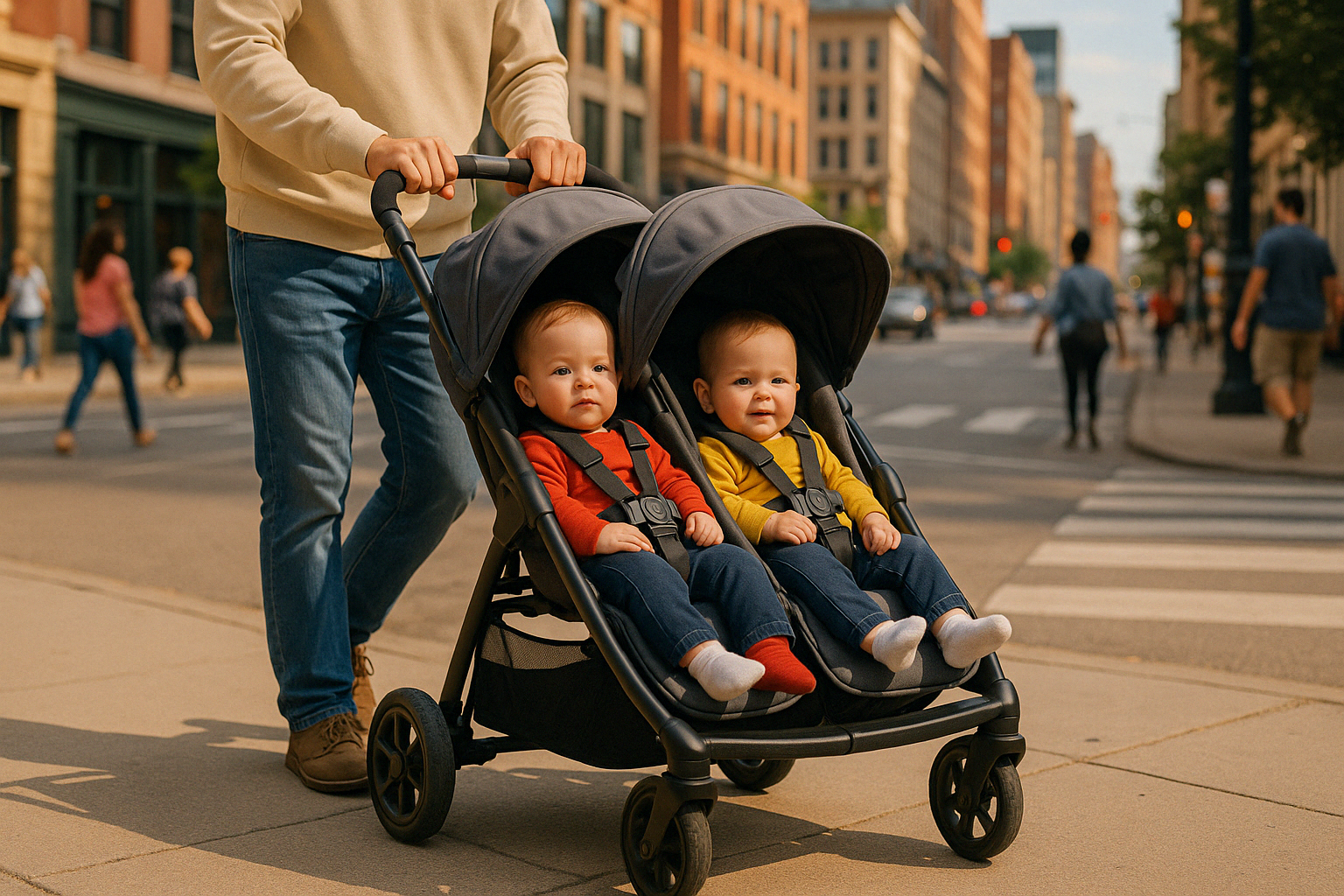 tandem double stroller with twins in urban environment - tandem double strollers for twins
