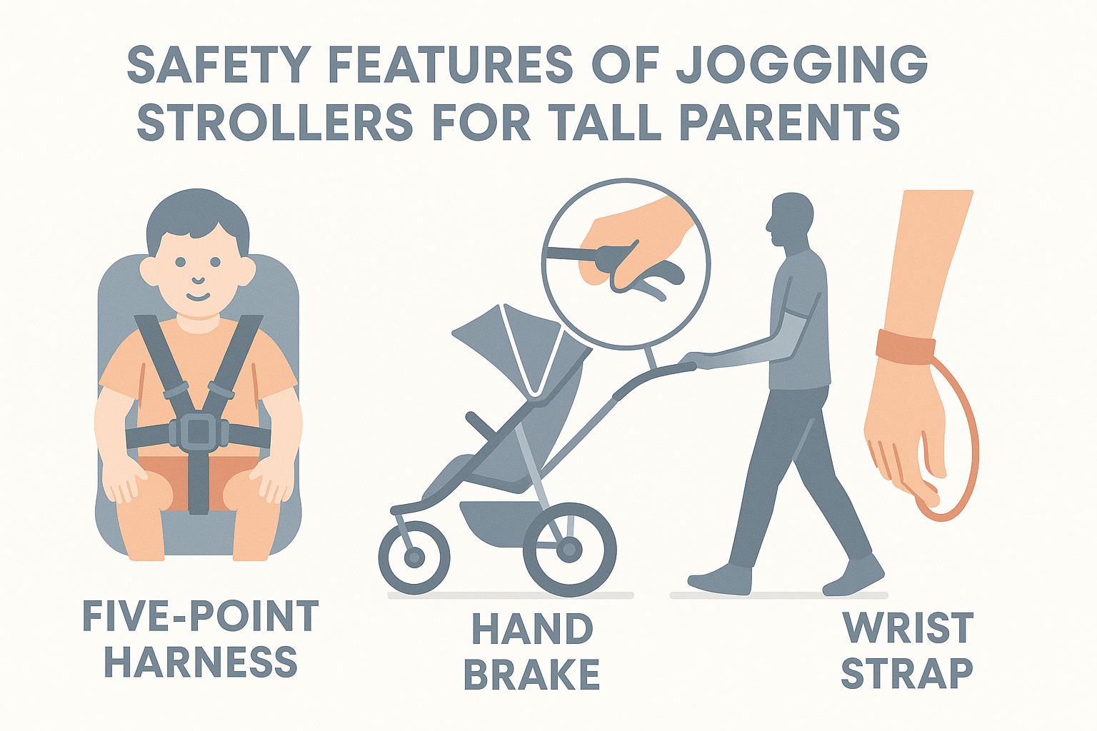 Safety features of jogging strollers including five-point harness, hand brake, and wrist strap for tall parents - lightweight jogging stroller for tall parents infographic 
