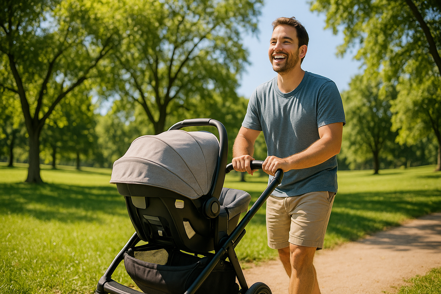 happy parent with small stroller - small stroller with car seat