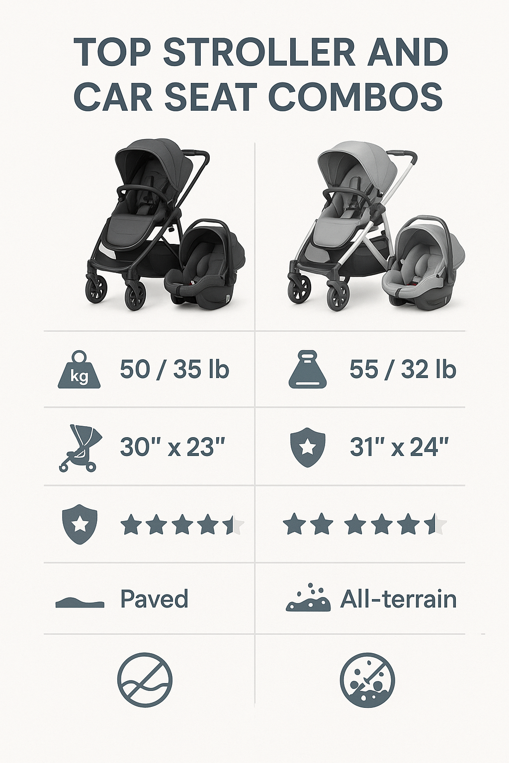 Comparison of top stroller and car seat combos showing key features like weight limits, fold size, safety ratings, and terrain compatibility - Best stroller and car seat combo infographic 