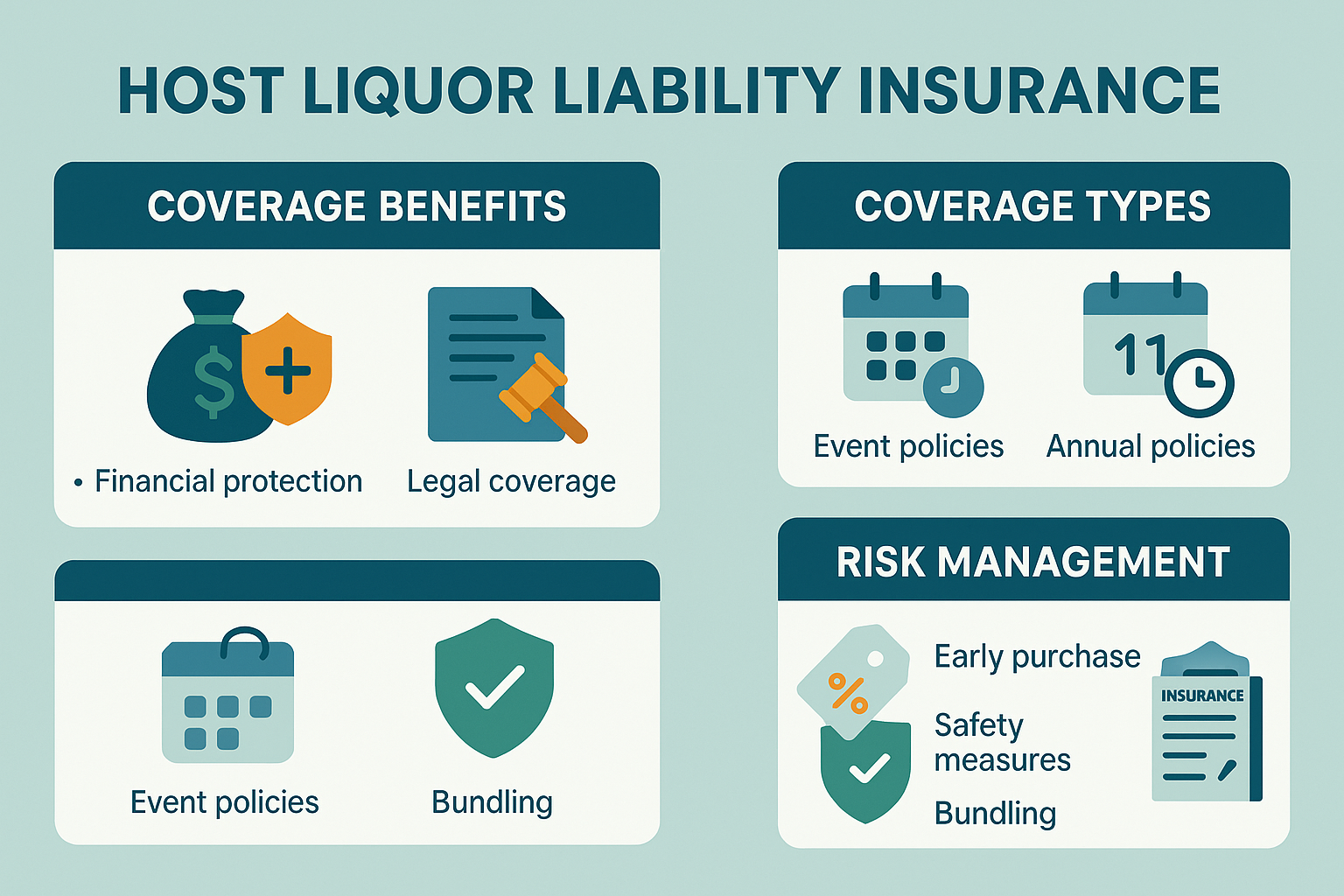 Summary of host liquor liability insurance benefits, coverage types, and risk management strategies to reduce premiums - host liquor liability insurance cost infographic 
