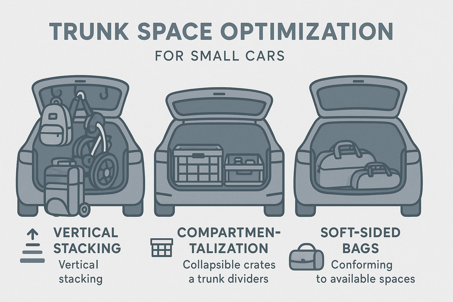 trunk space optimization techniques showing vertical stacking, compartmentalization, and use of soft-sided bags - double stroller fit in small car infographic 