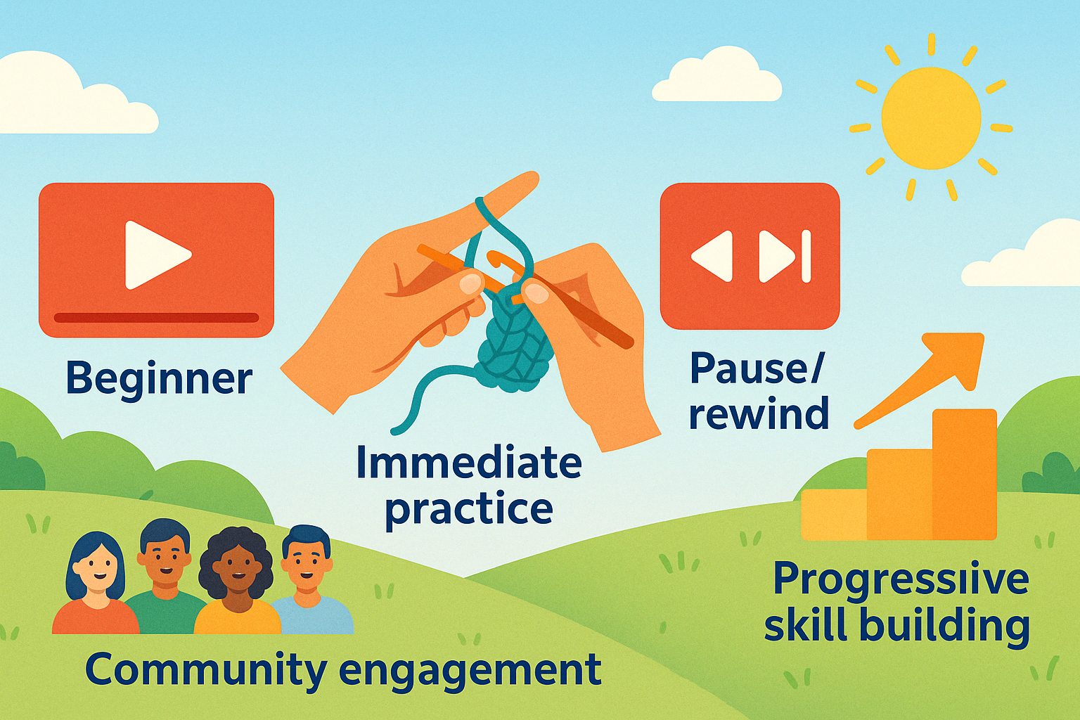 Summary of key tips for learning crochet through video tutorials, including: 1) Start with beginner-specific tutorials, 2) Practice immediately after watching, 3) Use the pause/rewind features liberally, 4) Engage with the community, 5) Build skills progressively - crochet video tutorials infographic