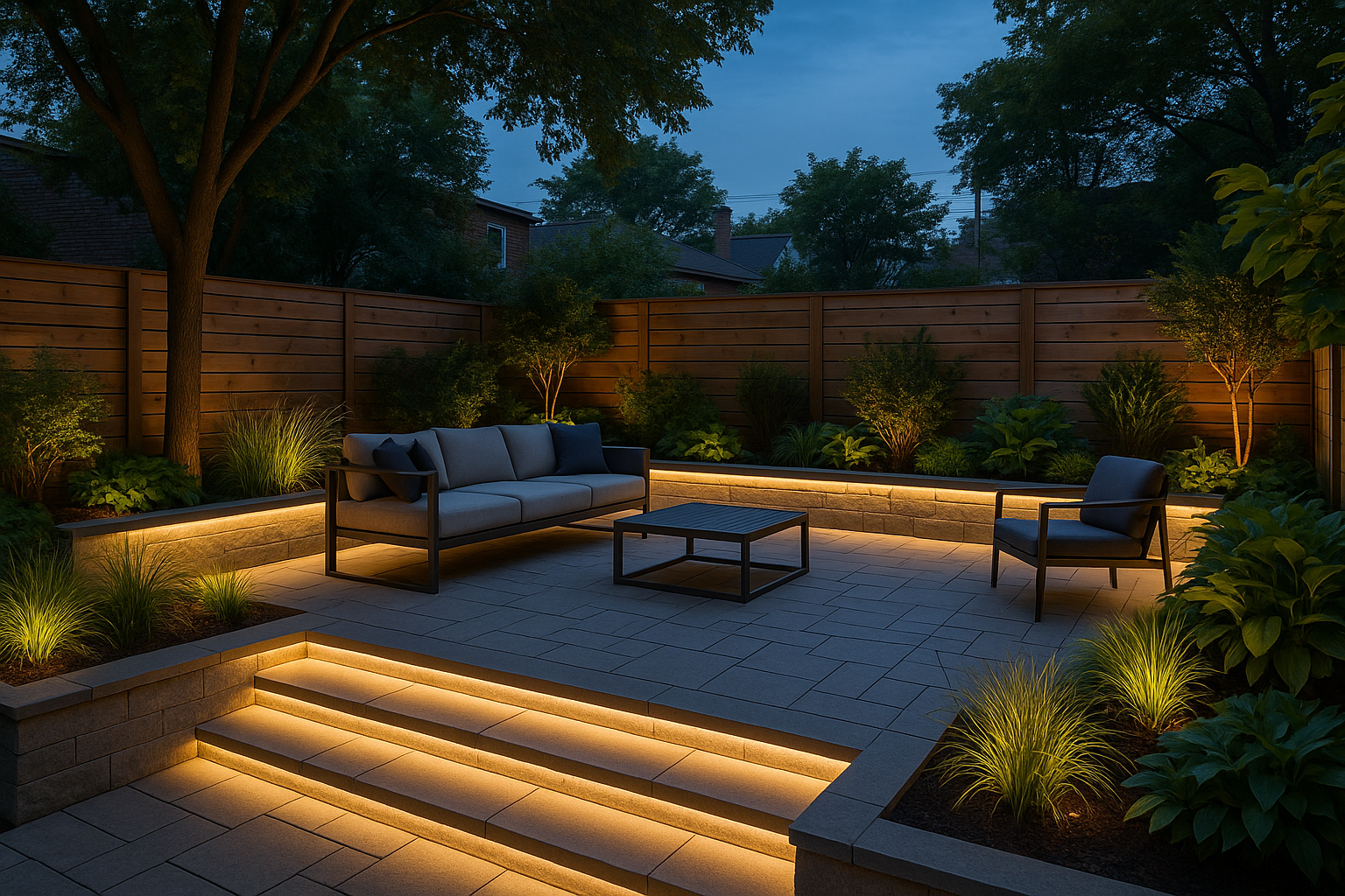 backyard hardscape with integrated LED lighting - backyard hardscape design