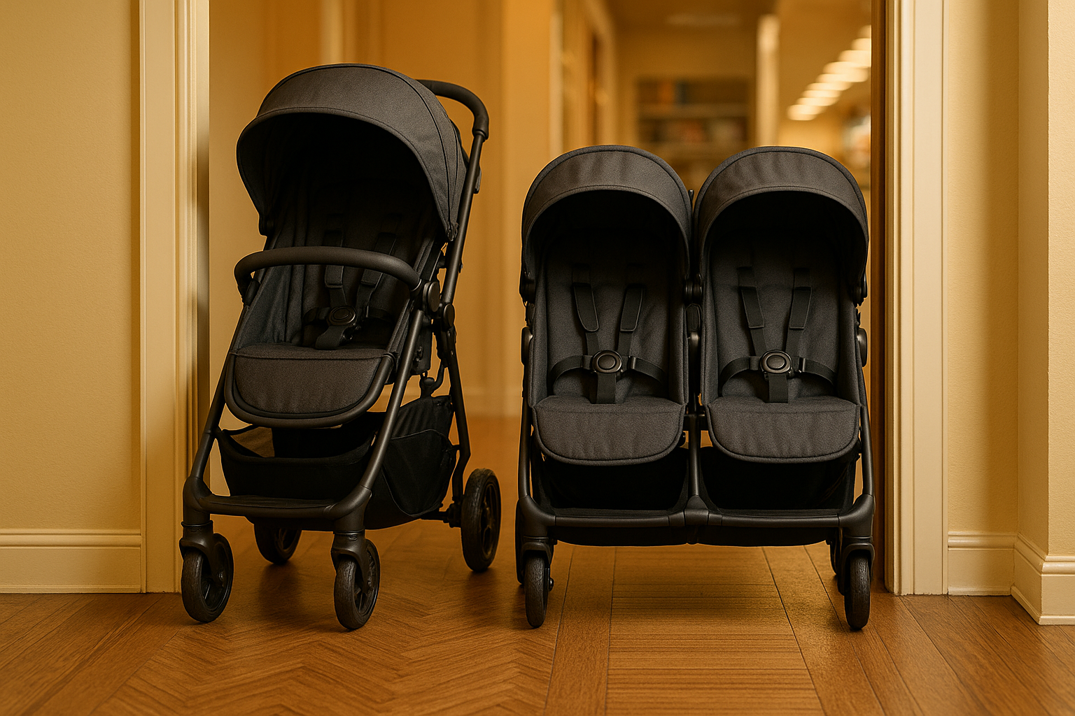 tandem stroller next to side-by-side stroller in doorway - tandem stroller with car seat