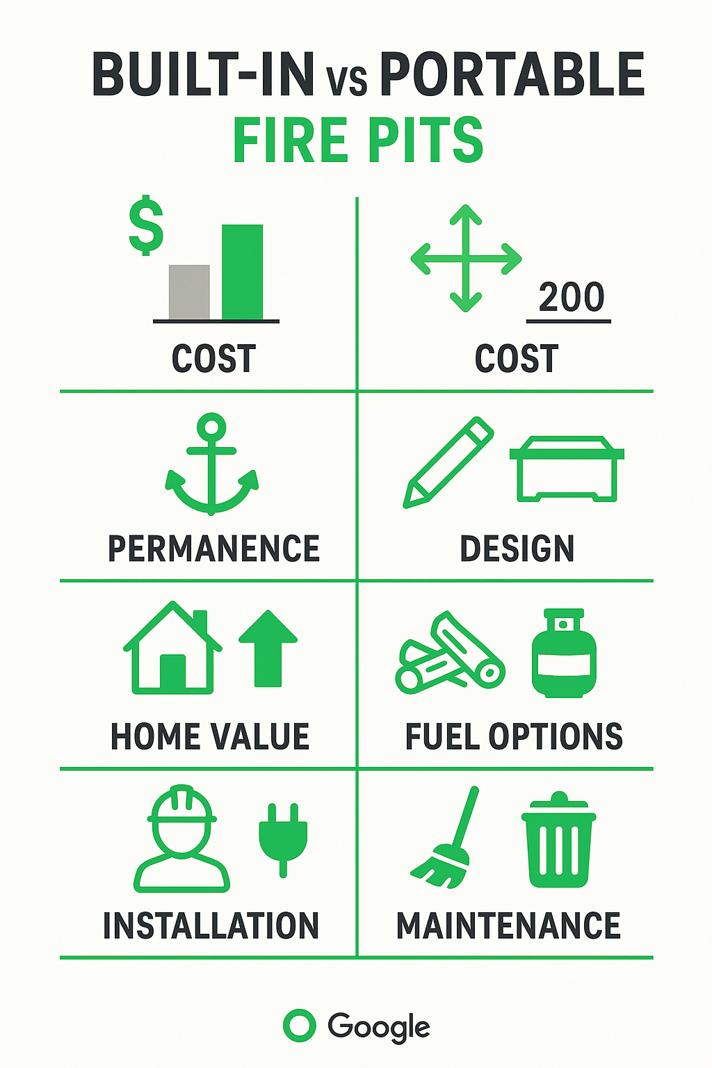 Comparison chart showing built-in vs portable fire pits with details on installation requirements, material options, average costs, fuel types, and maintenance considerations - fire pit built in infographic 