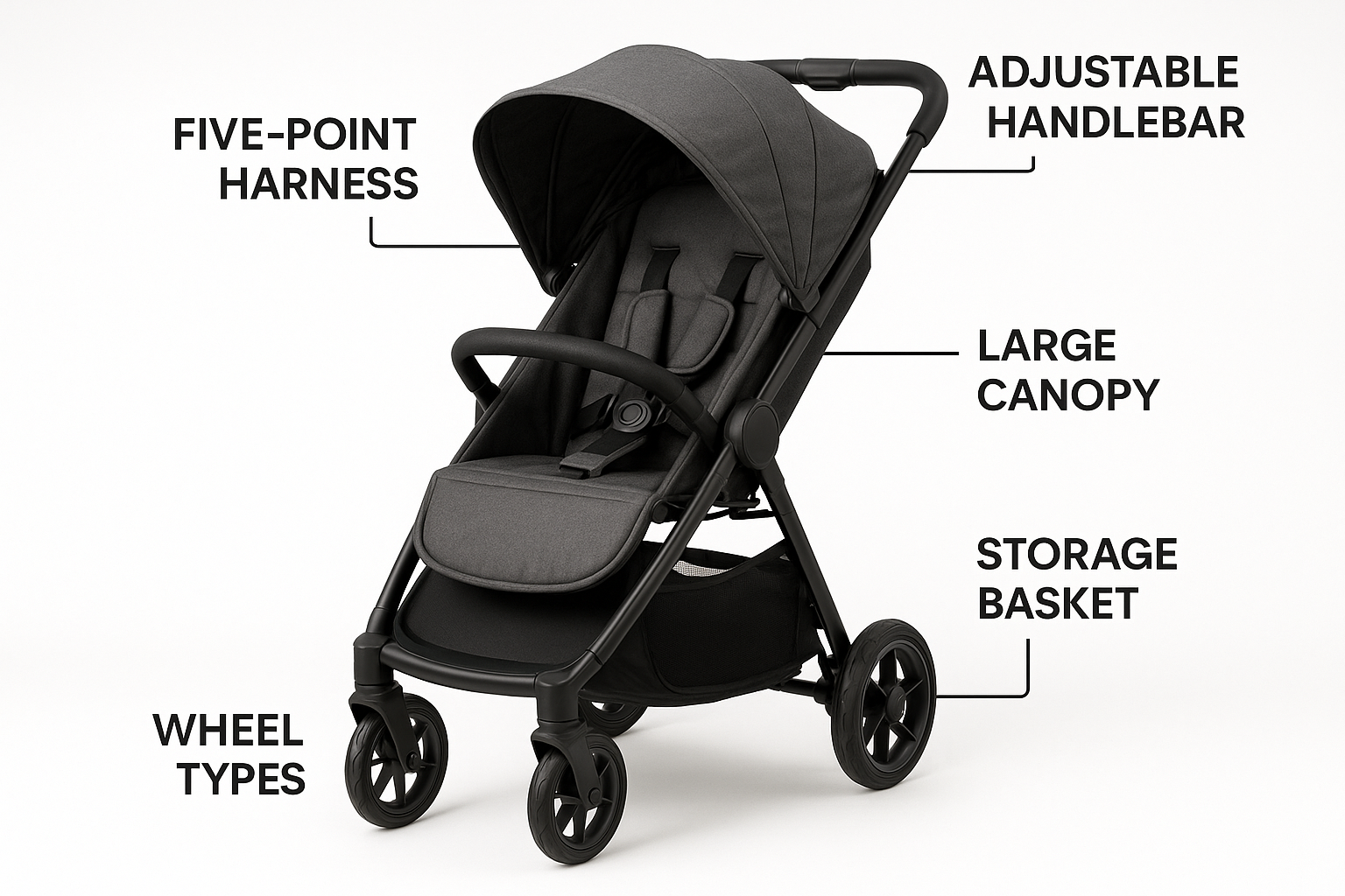 stroller with key features labeled - stroller shopping guide