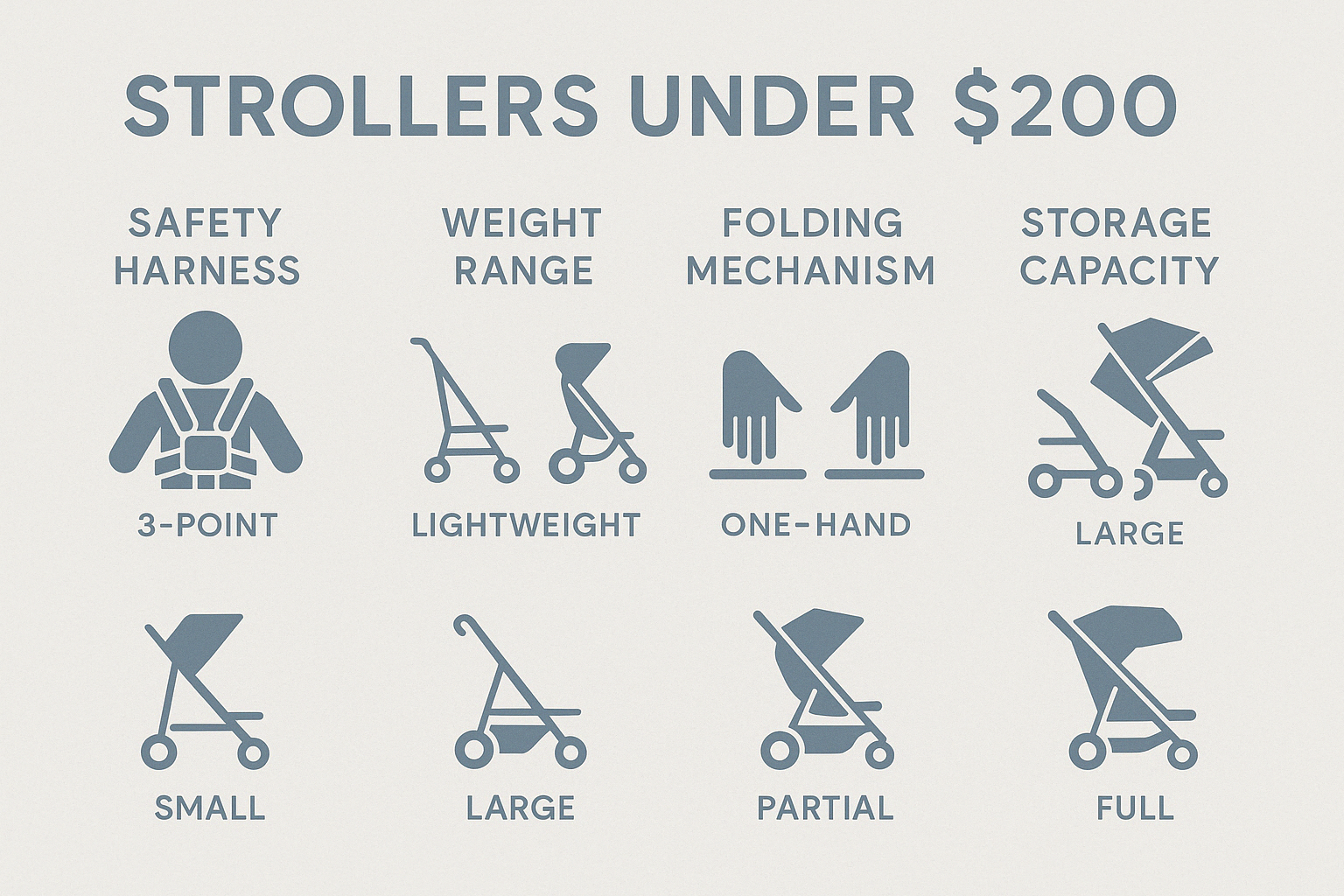Comparison of features available in strollers under $200 including safety harness types, weight ranges, folding mechanisms, storage capacity, and canopy coverage - strollers under $200 infographic 