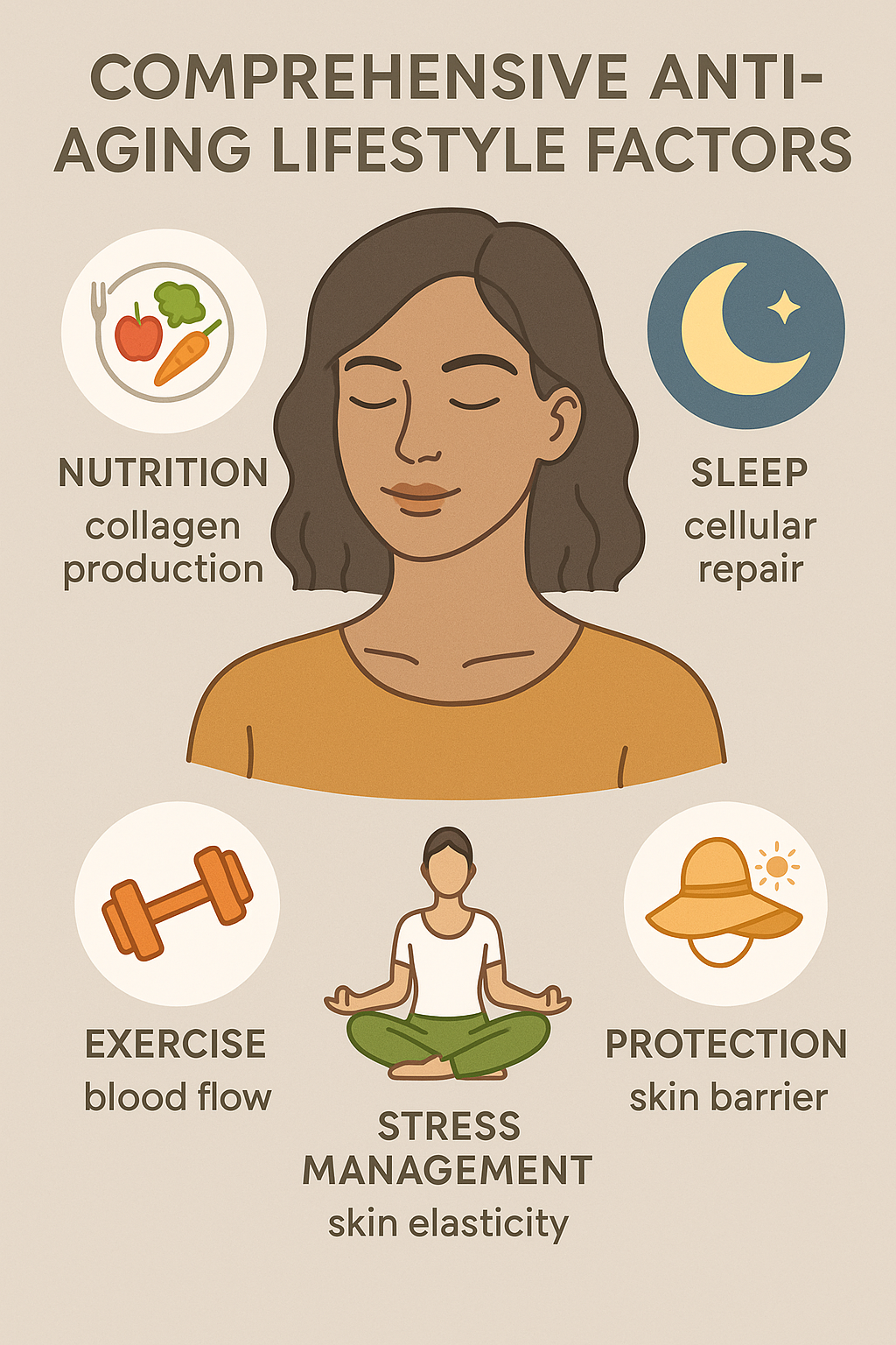 Comprehensive anti-aging lifestyle factors showing nutrition, sleep, exercise, stress management, and sun protection with their impact on skin health and appearance - anti ageing skincare infographic