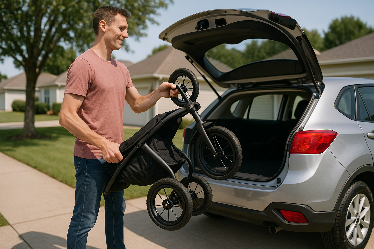 lightweight stroller being lifted into car - lightweight jogging stroller for tall parents