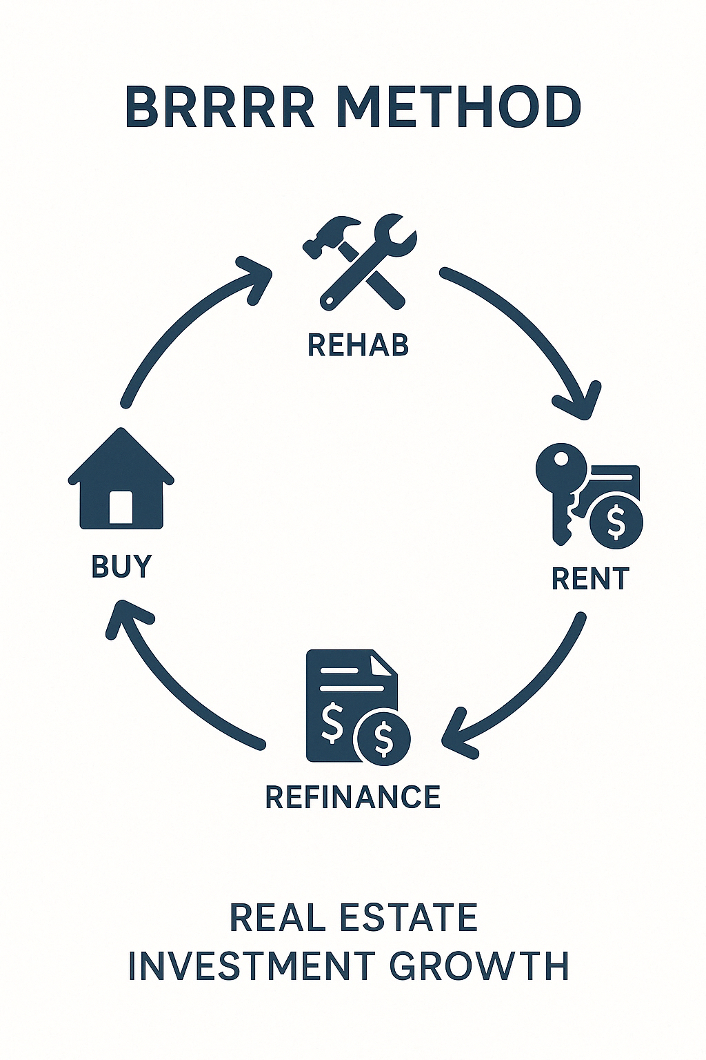 BRRRR method diagram showing the five steps of Buy, Rehab, Rent, Refinance, Repeat and how they create a continuous cycle of real estate investment growth - real estate investment strategies infographic 