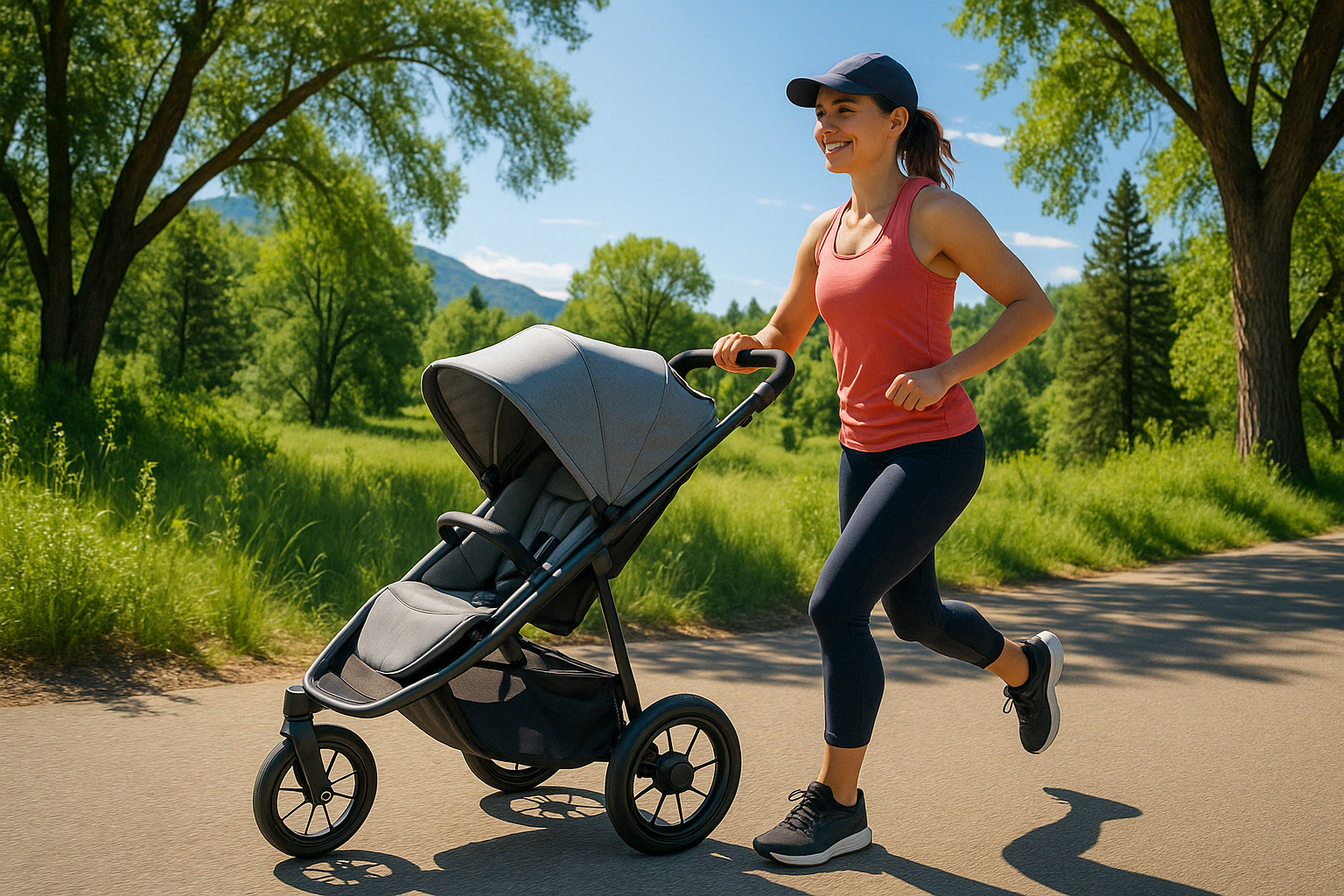 parent running with lightweight stroller on paved trail - lightweight running stroller