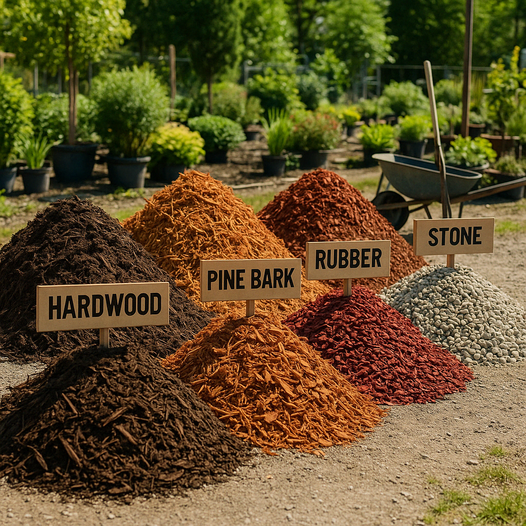 different types of mulch displayed in piles - 5 yards of mulch cost
