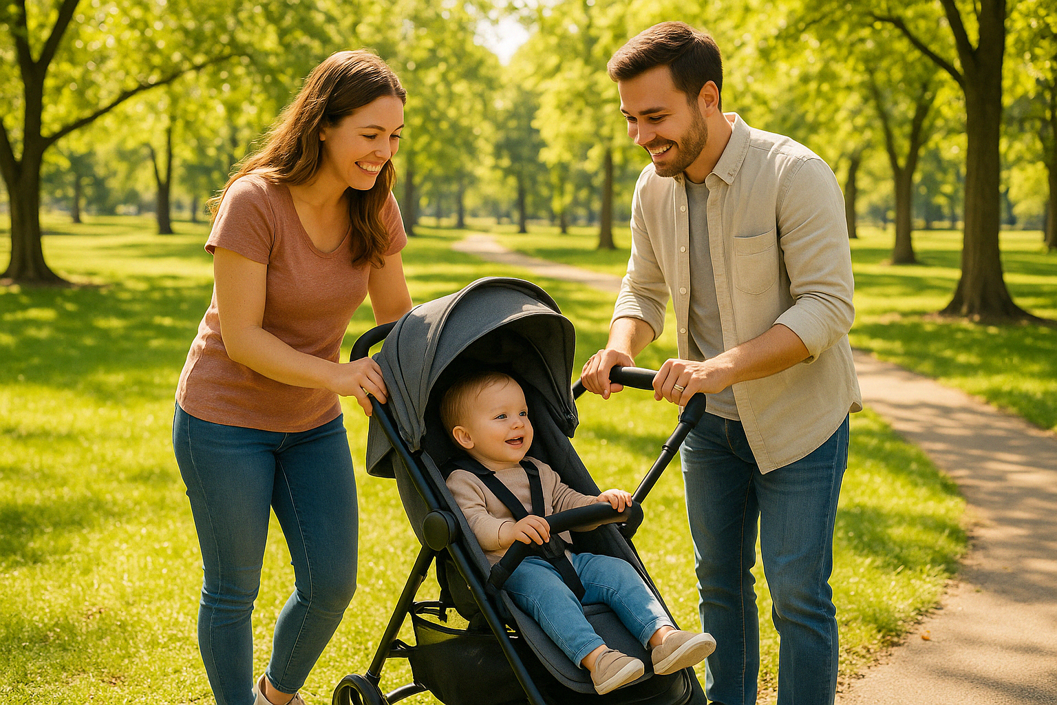 Happy family using lightweight stroller in park setting - stroller lightweight compact