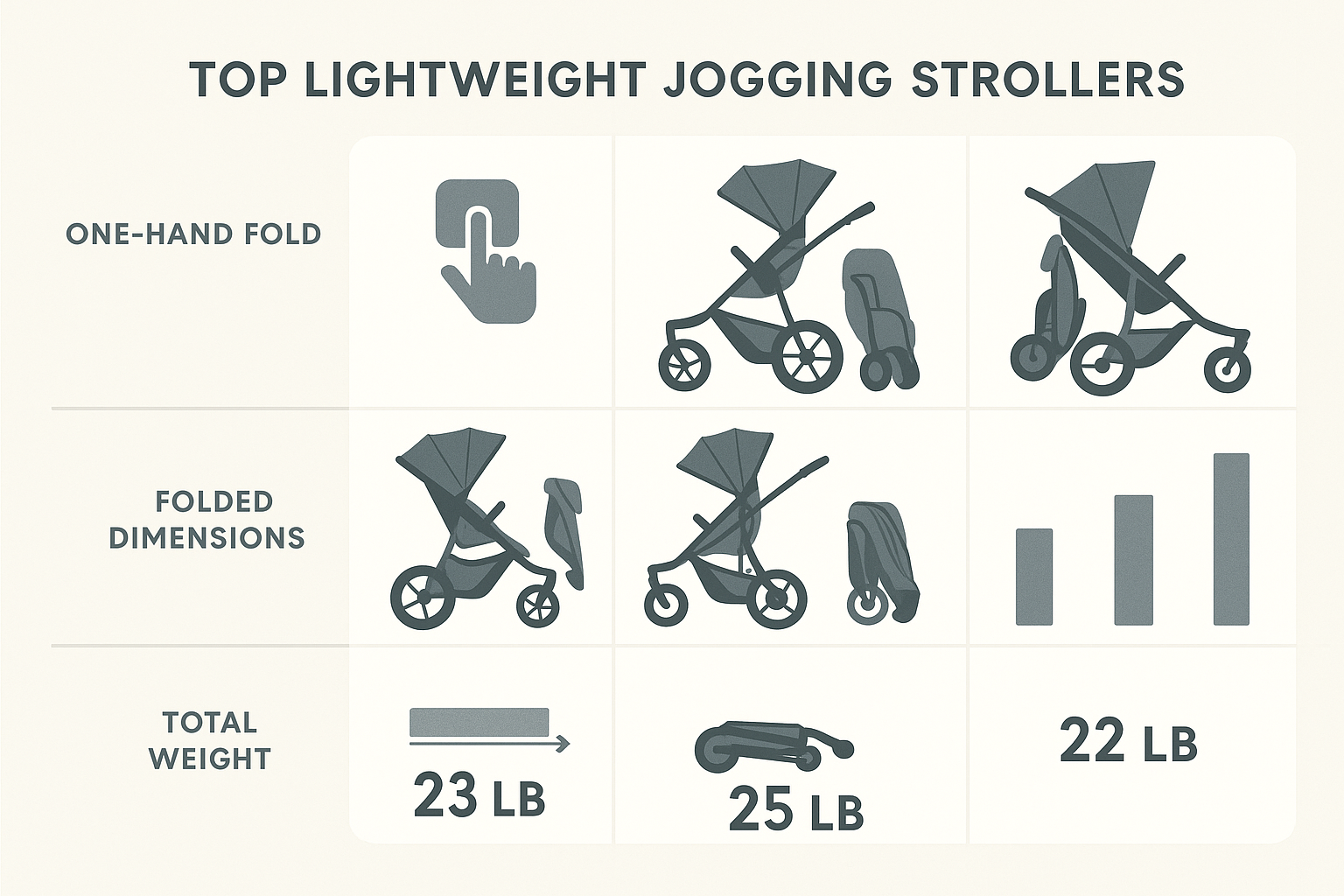 Comparison of folding mechanisms and weight specifications for top lightweight jogging strollers showing one-hand fold systems, folded dimensions, and total weight - lightweight easy fold jogging stroller infographic 