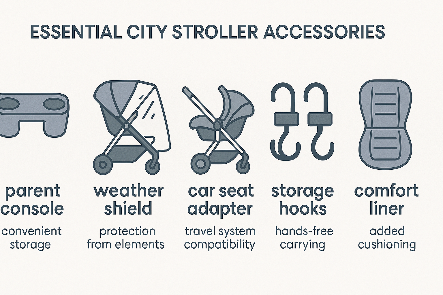 Detailed infographic showing essential city stroller accessories including parent console, weather shield, car seat adapter, storage hooks, and comfort liner with their key benefits for urban parents - City stroller accessories infographic 
