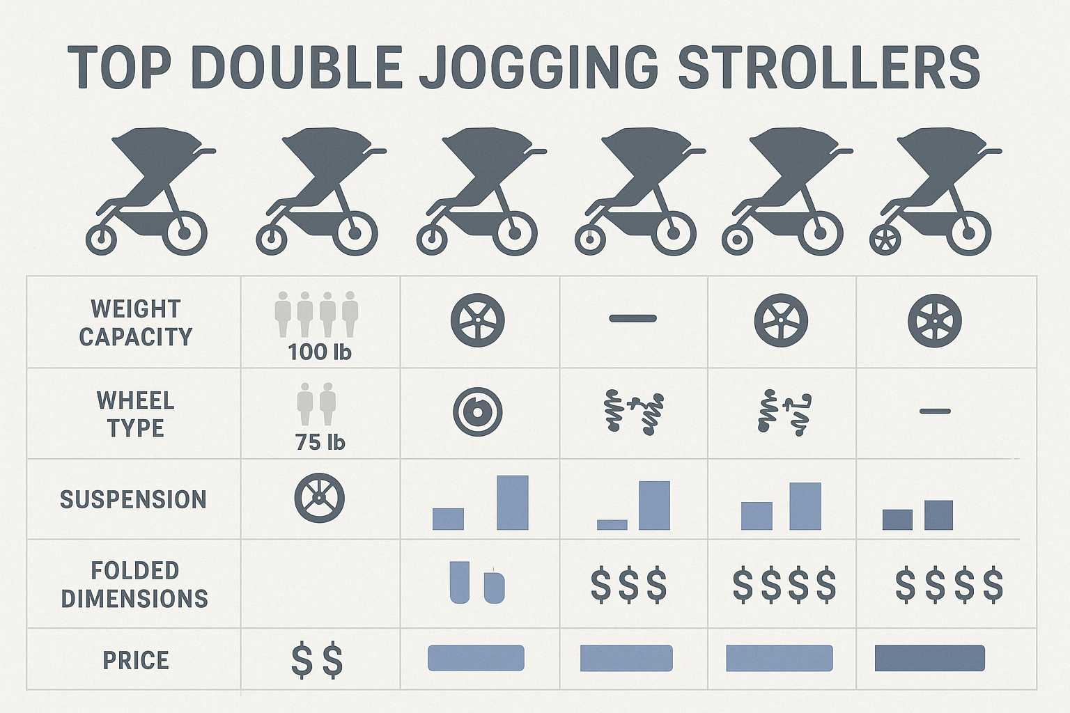 Comparison of top double jogging strollers showing key features like weight capacity, wheel type, suspension systems, folded dimensions, and price ranges across the five top-rated models - double jogging stroller for toddlers infographic 