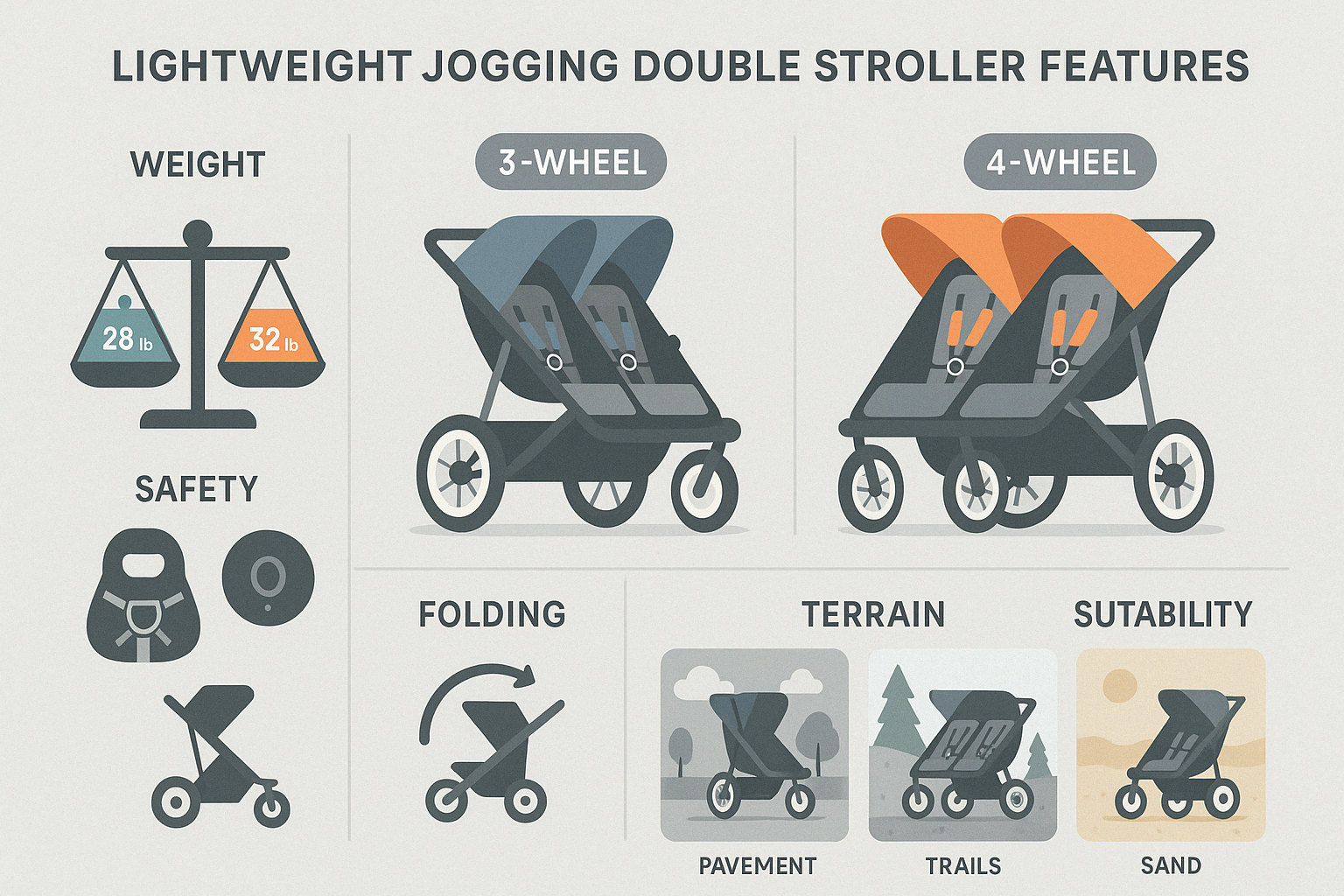 Comparison of lightweight jogging double stroller features showing weight, wheel configuration, safety features, folding mechanisms, and suitable terrains for different models - lightweight jogging double stroller infographic 