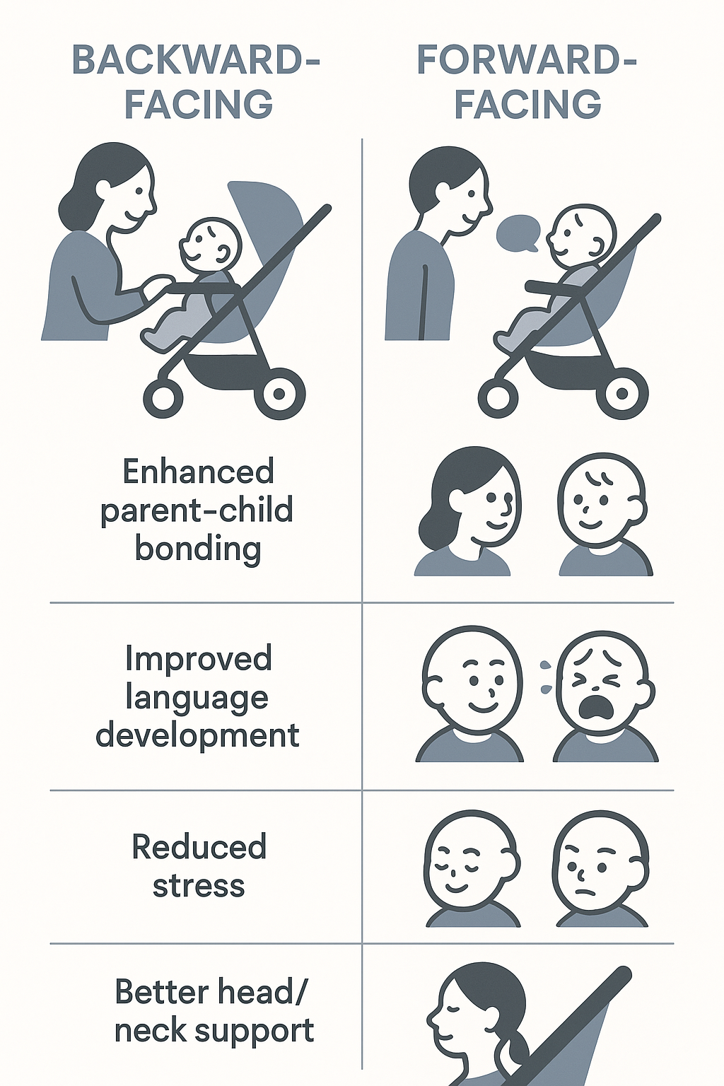 Comparison of backward facing stroller benefits showing improved bonding, improved language development, reduced stress, and better head/neck support for infants compared to forward-facing configurations - backward facing stroller infographic 