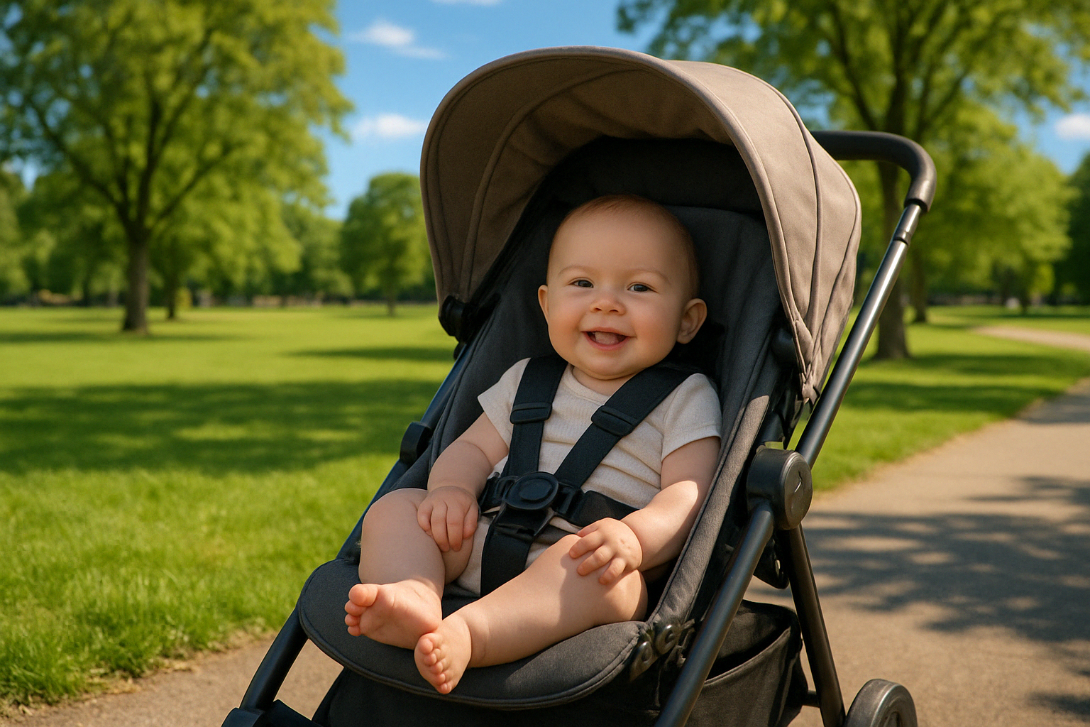 Happy baby in a stroller - stroller wheel suspension
