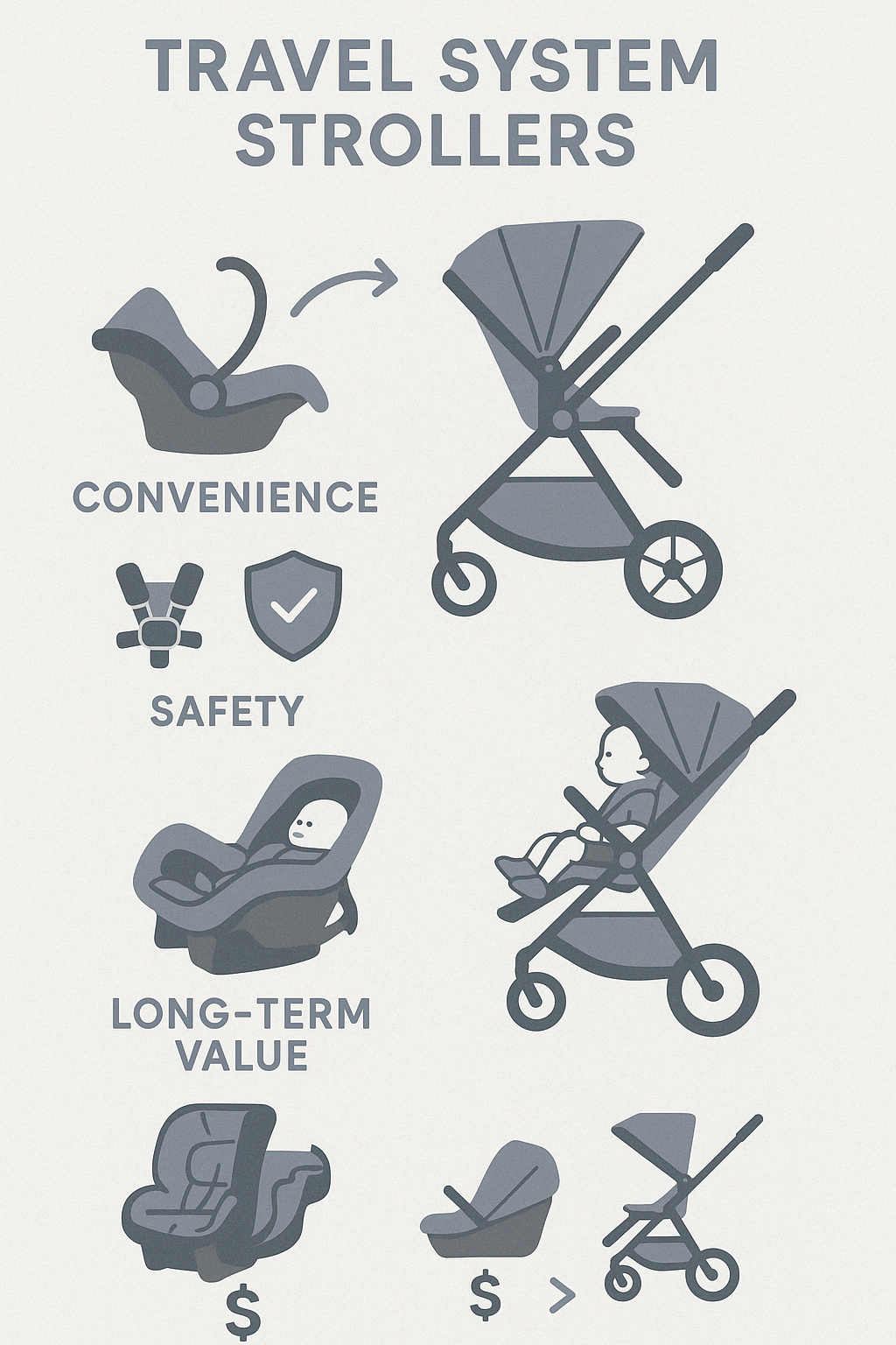 Benefits of travel system strollers showing convenience, safety features, and long-term value compared to purchasing components separately - travel system strollers on sale infographic 