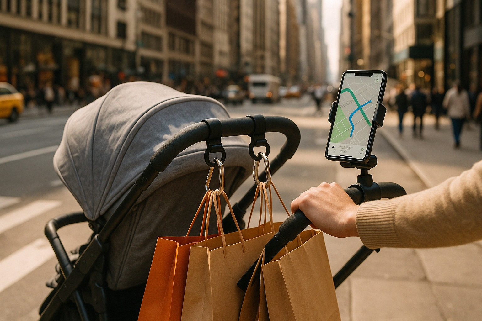parent using stroller hooks and smartphone holder - City stroller accessories