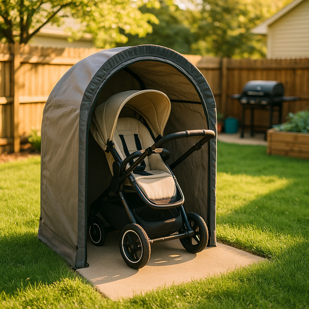 pram stored in a garden shed or bike tent - pram storage at home