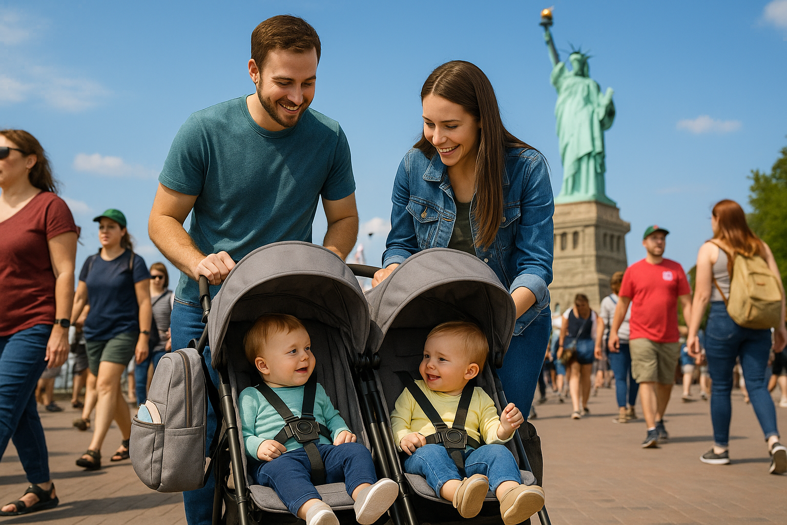 parents using double umbrella stroller with twins at tourist destination - double umbrella stroller