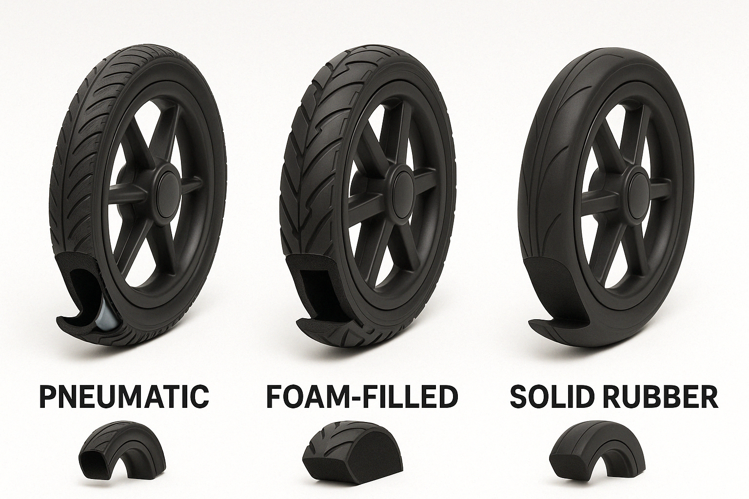 Comparison of pneumatic, foam-filled and solid rubber tires - stroller wheel suspension