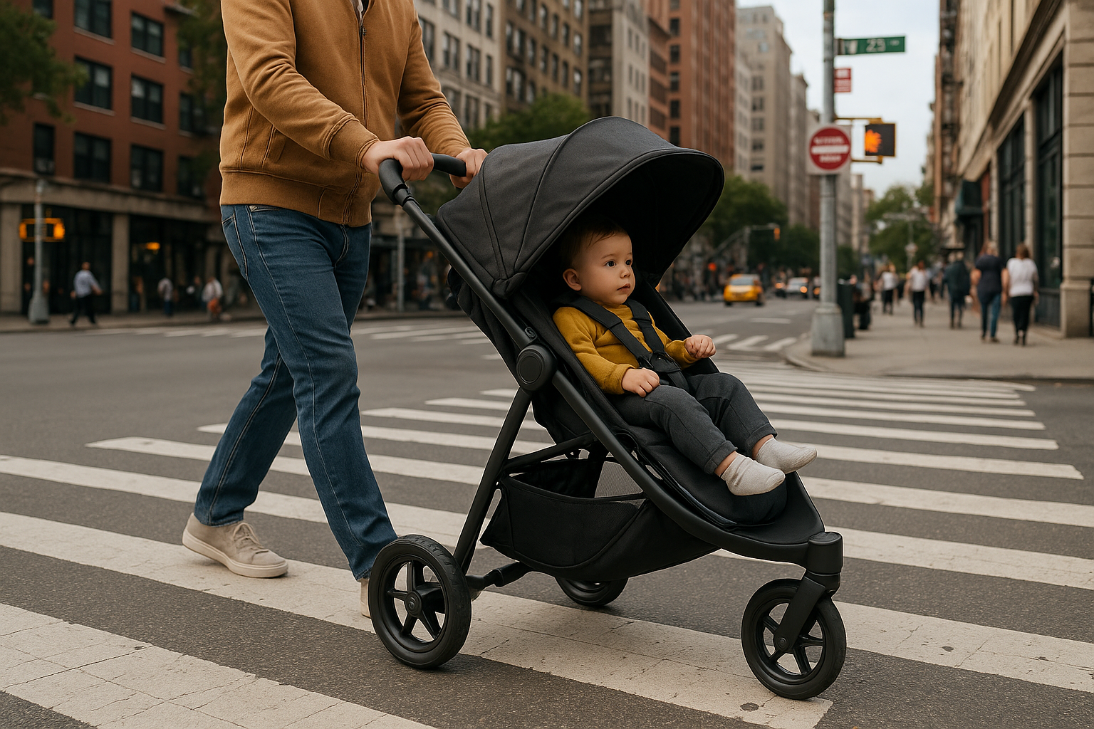 parent using lightweight stroller in urban setting - best lightweight durable 3 wheel baby strollers