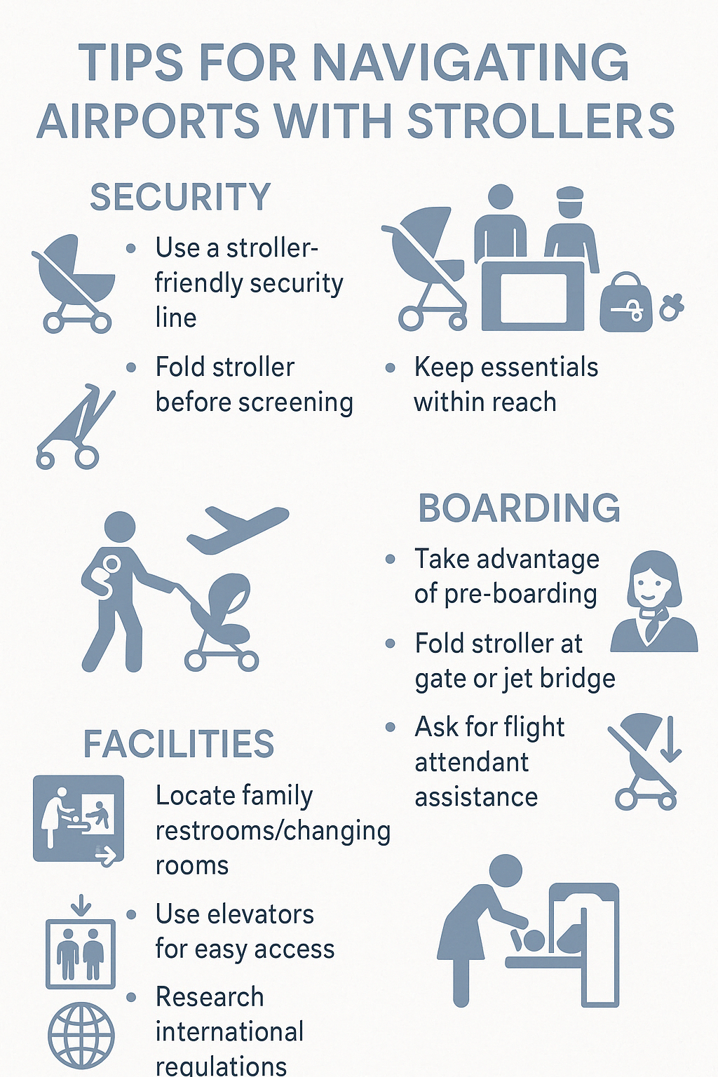 Tips for navigating airports with strollers including security, boarding, and facilities - stroller for airport infographic 
