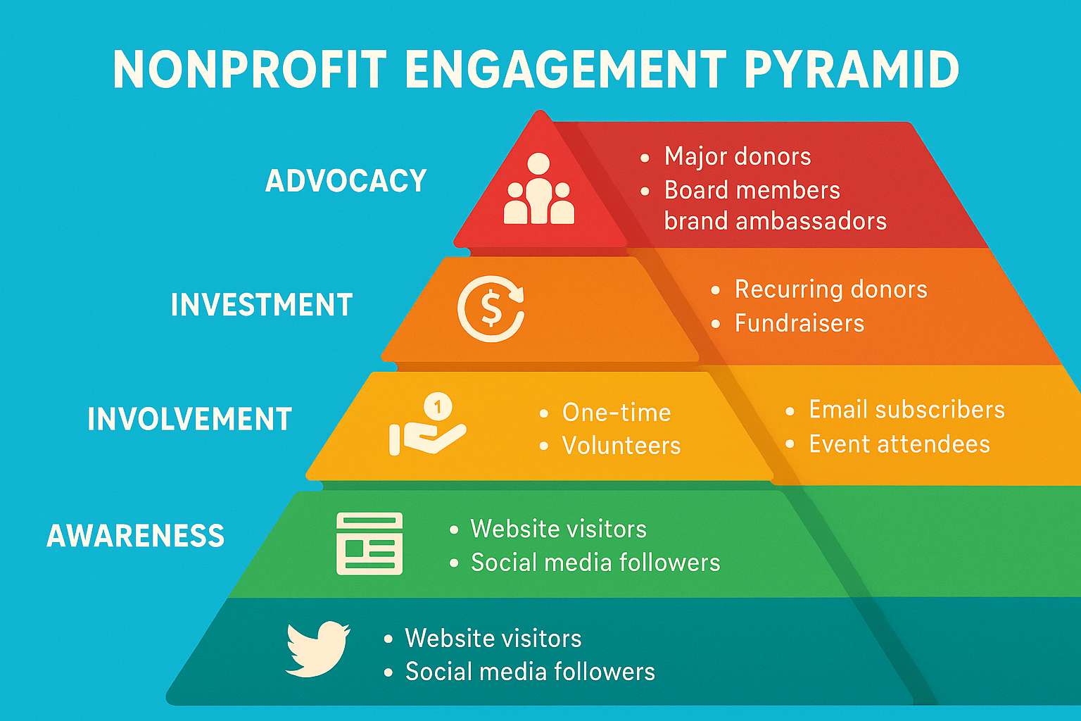 Nonprofit Engagement Pyramid showing 5 levels of donor engagement: 1) Awareness (website visitors, social media followers), 2) Interest (email subscribers, event attendees), 3) Involvement (one-time donors, volunteers), 4) Investment (recurring donors, fundraisers), and 5) Advocacy (major donors, board members, brand ambassadors) - nonprofit engagement strategies infographic 
