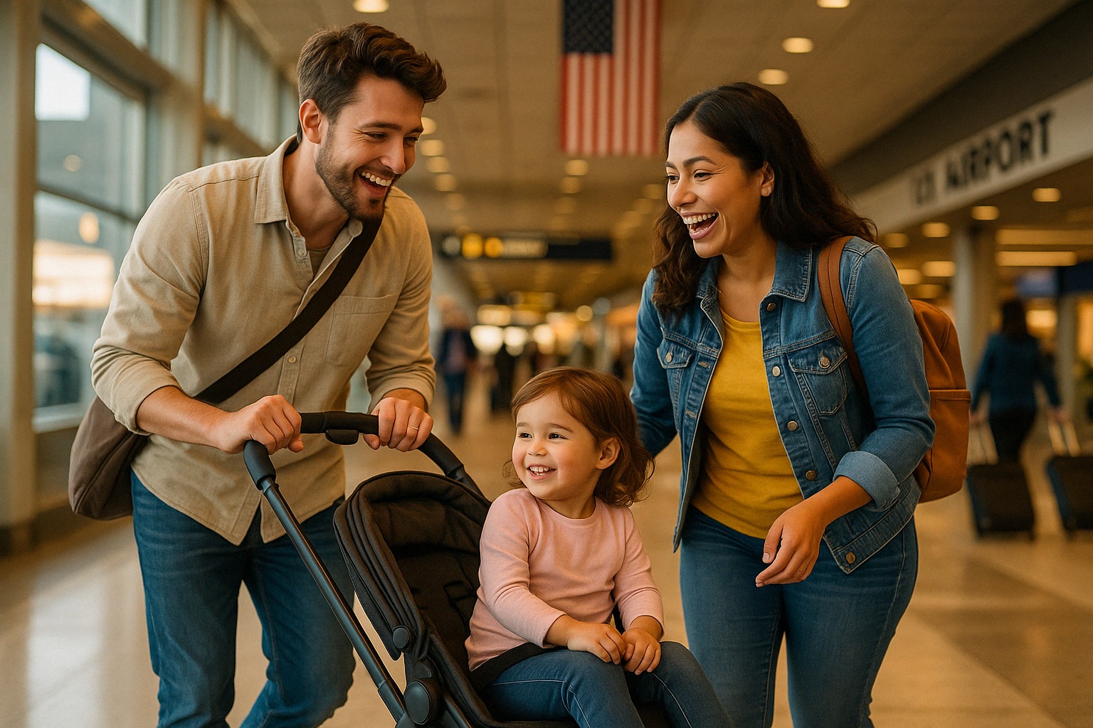 happy family traveling with stroller - collapsible stroller for air travel