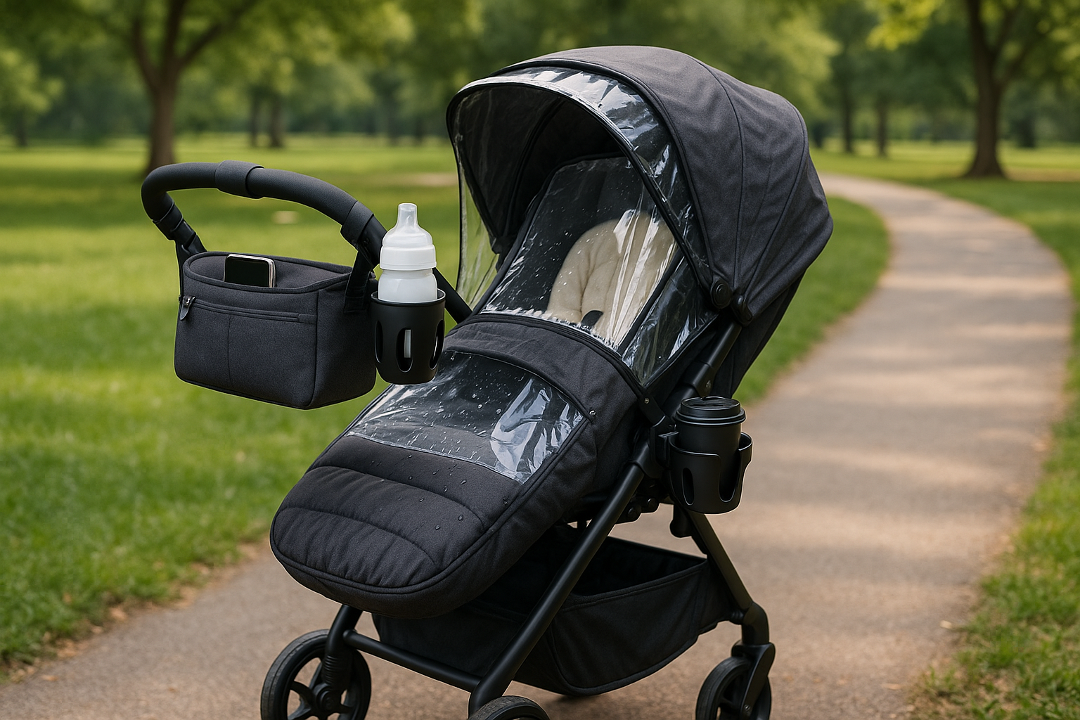 Must-have stroller accessories including organizer, cup holder, rain cover and footmuff - stroller with accessories