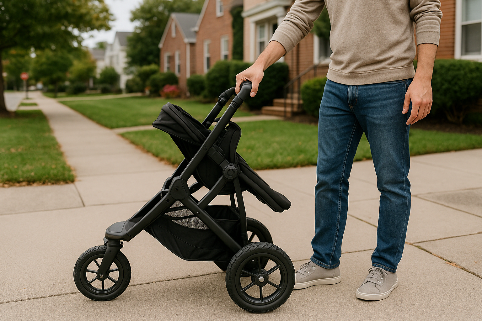 parent folding an all terrain stroller with one hand - All terrain baby stroller