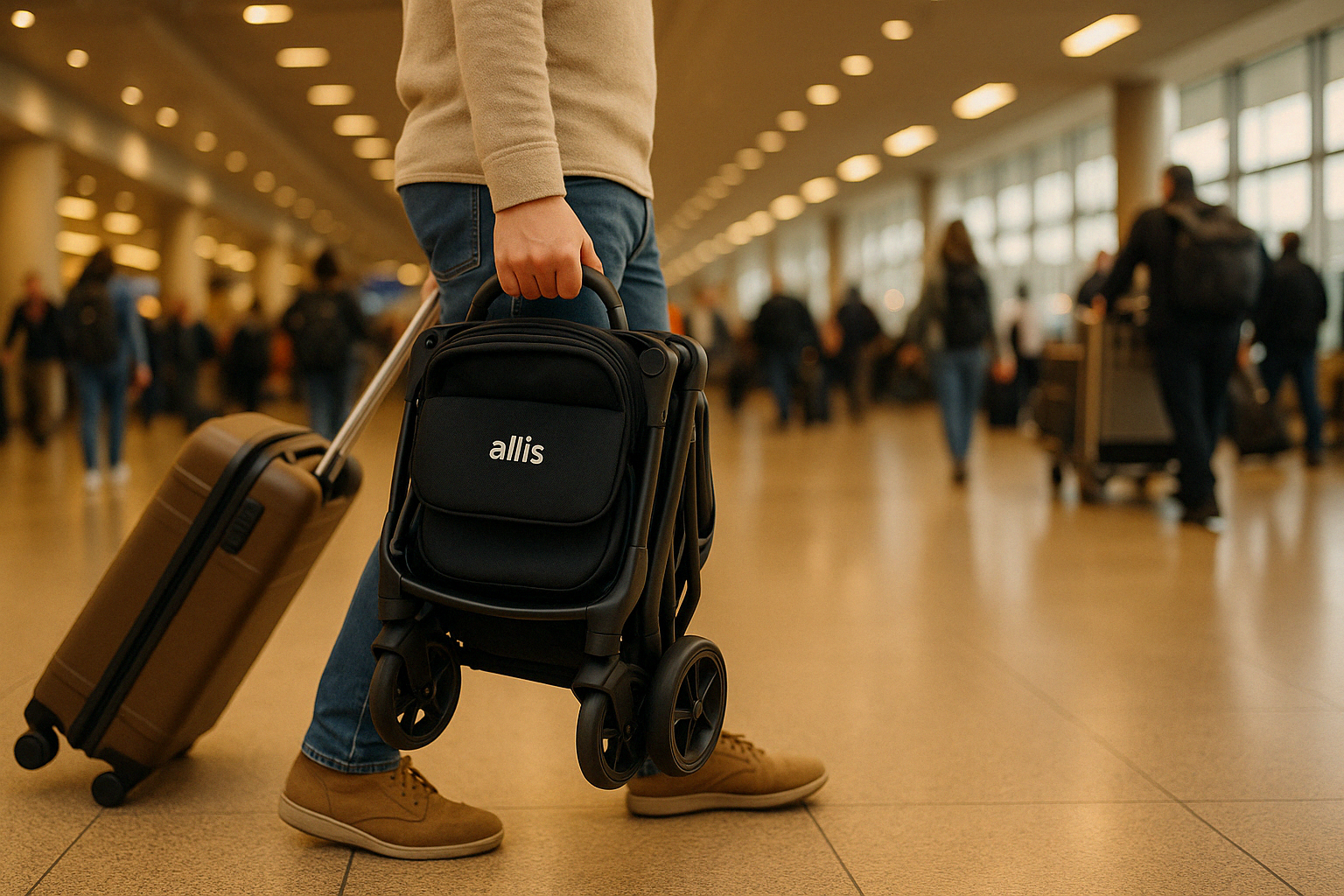 Allis travel stroller being carried with its convenient handle - allis travel stroller