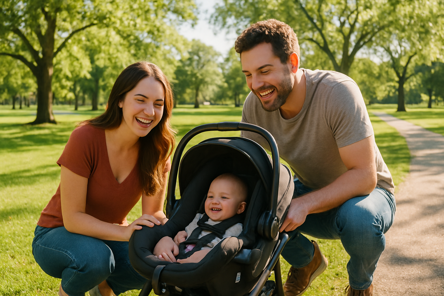 Happy family using infant car seat stroller in park setting - infant car seat strollers