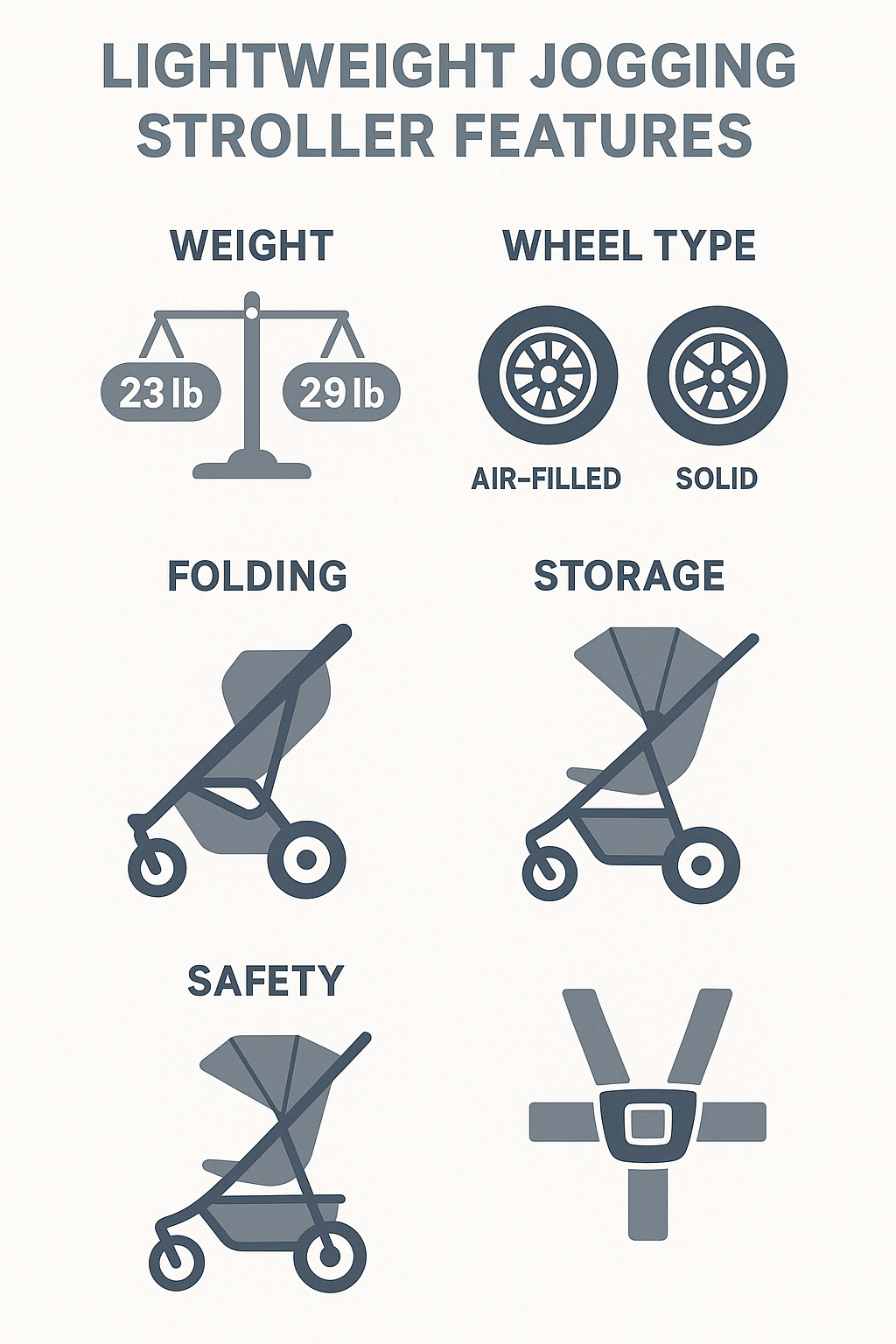 Comparison of lightweight jogging stroller features including weight ranges, wheel types, folding mechanisms, storage capacity, and safety features for toddlers - lightweight jogging stroller for toddler infographic 