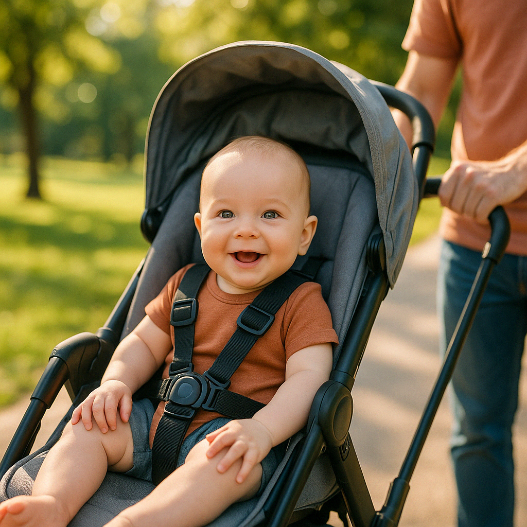 Baby showing readiness for forward-facing stroller with good head control and sitting position - backward facing stroller