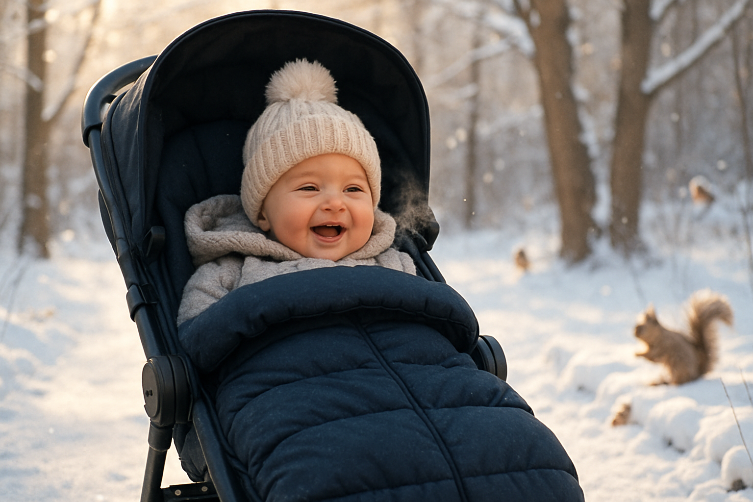 happy baby in stroller with foot muff - stroller foot muff