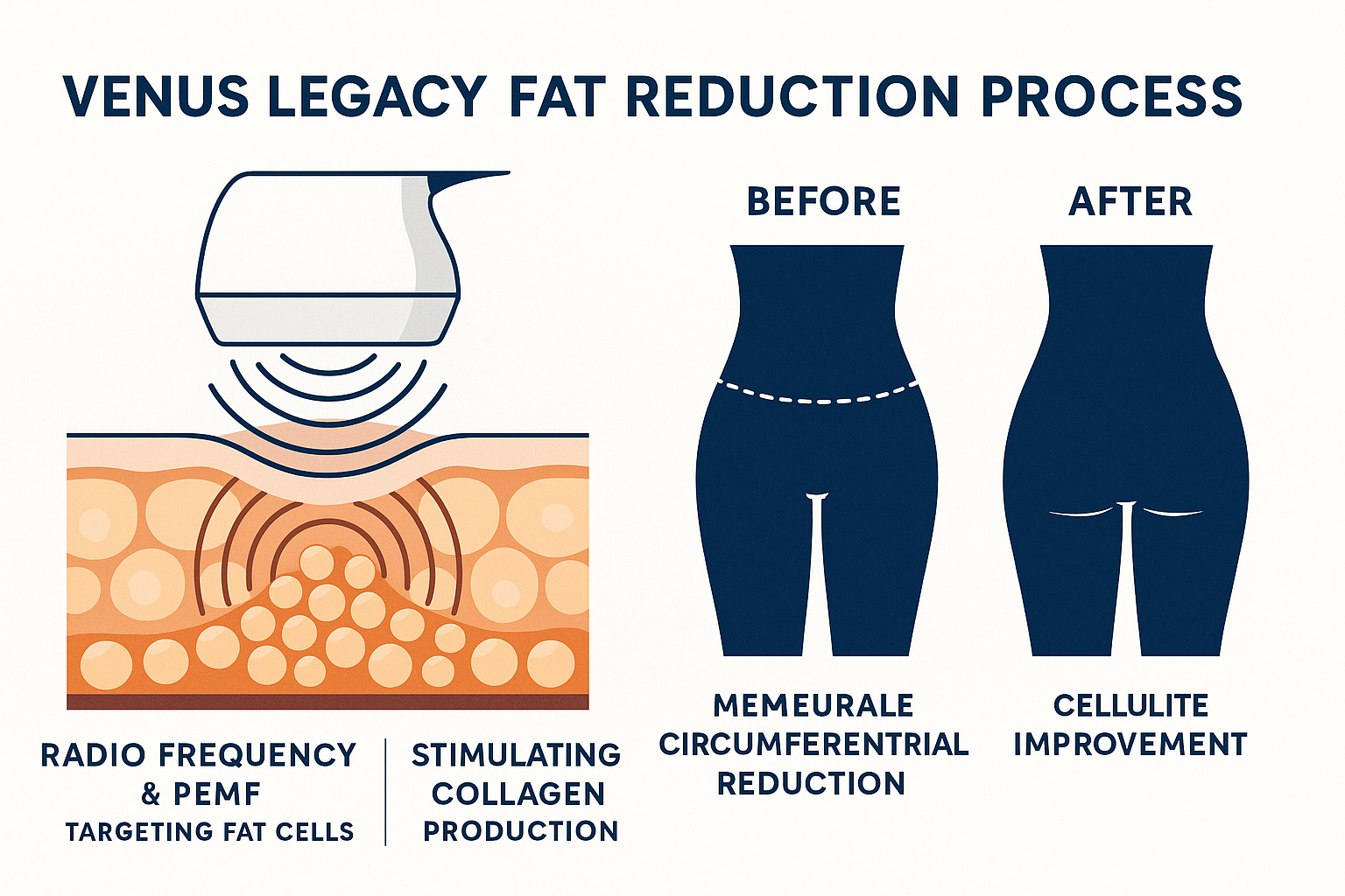 Venus Legacy fat reduction process showing radio frequency and PEMF targeting fat cells while stimulating collagen production, with before and after comparison showing measurable circumferential reduction and cellulite improvement - venus legacy fat reduction infographic 