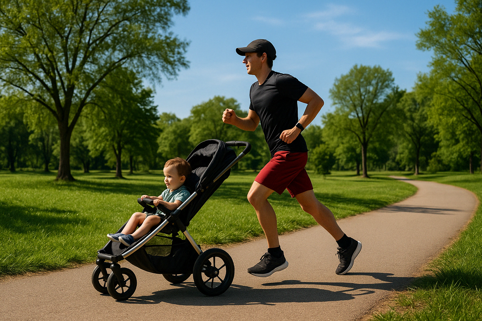 parent jogging with lightweight stroller on park trail - lightweight easy fold jogging stroller