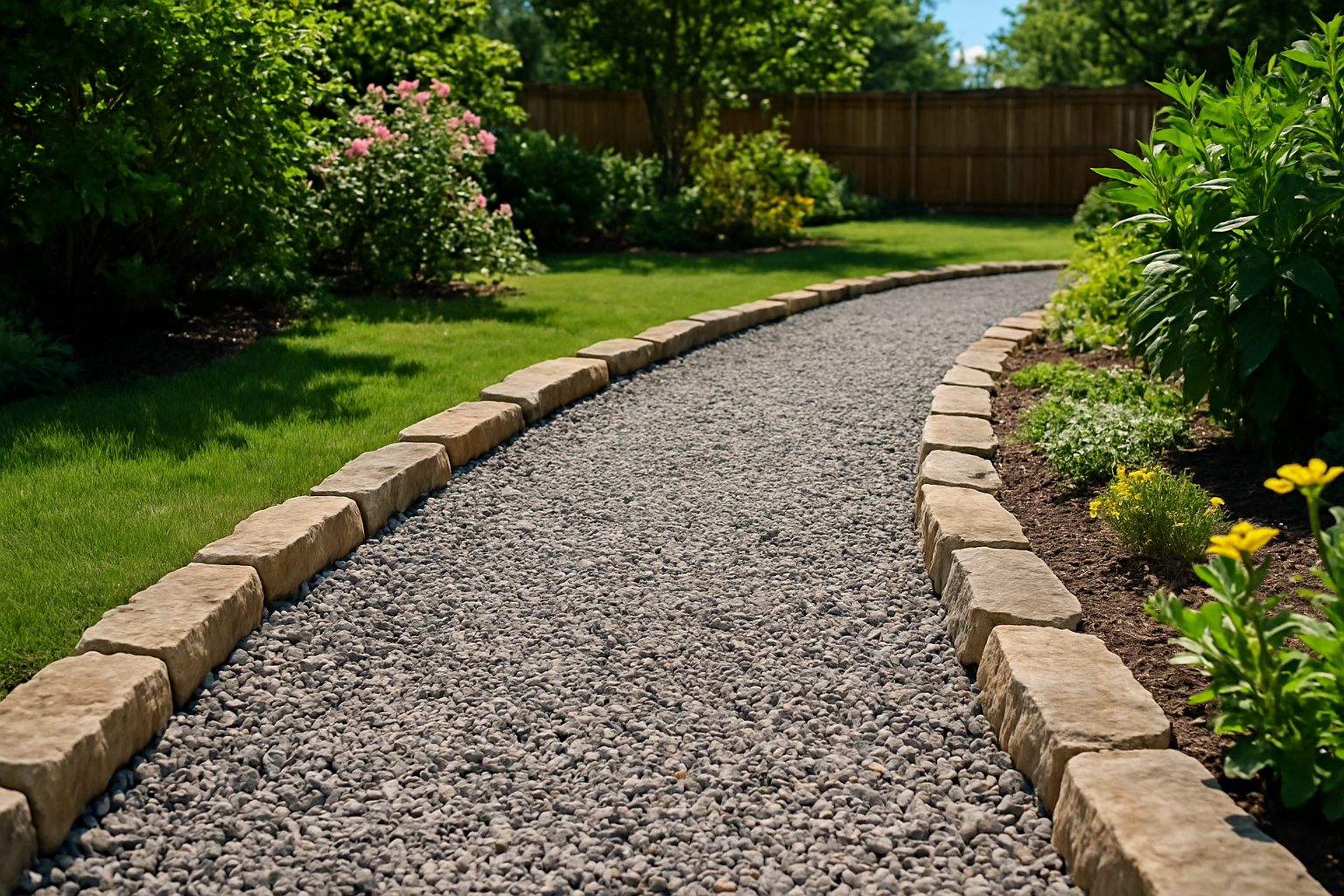 DIY gravel pathway with stone edging - backyard hardscape design