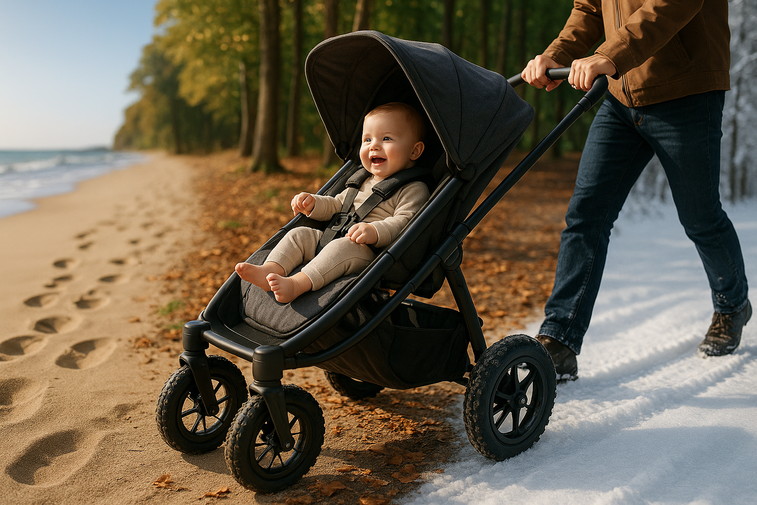 all terrain stroller on multiple terrains - beach, trail, snow - All terrain baby stroller