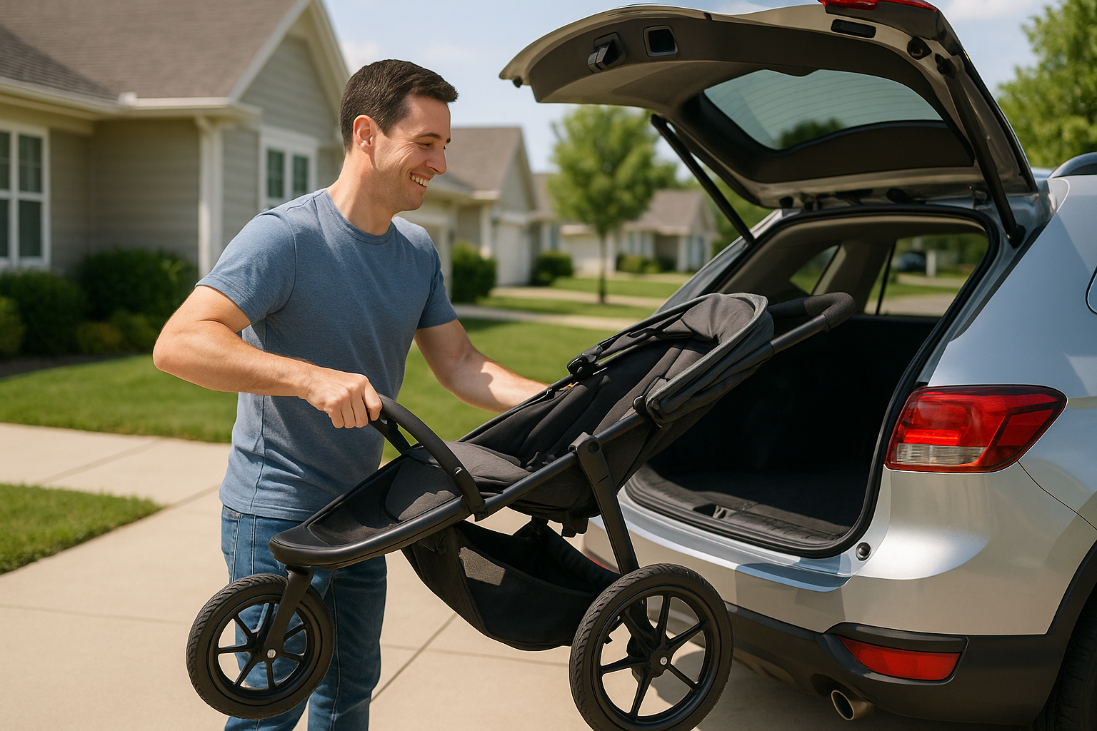 lightweight jogging stroller being easily lifted into car trunk - lightweight jogging stroller reviews