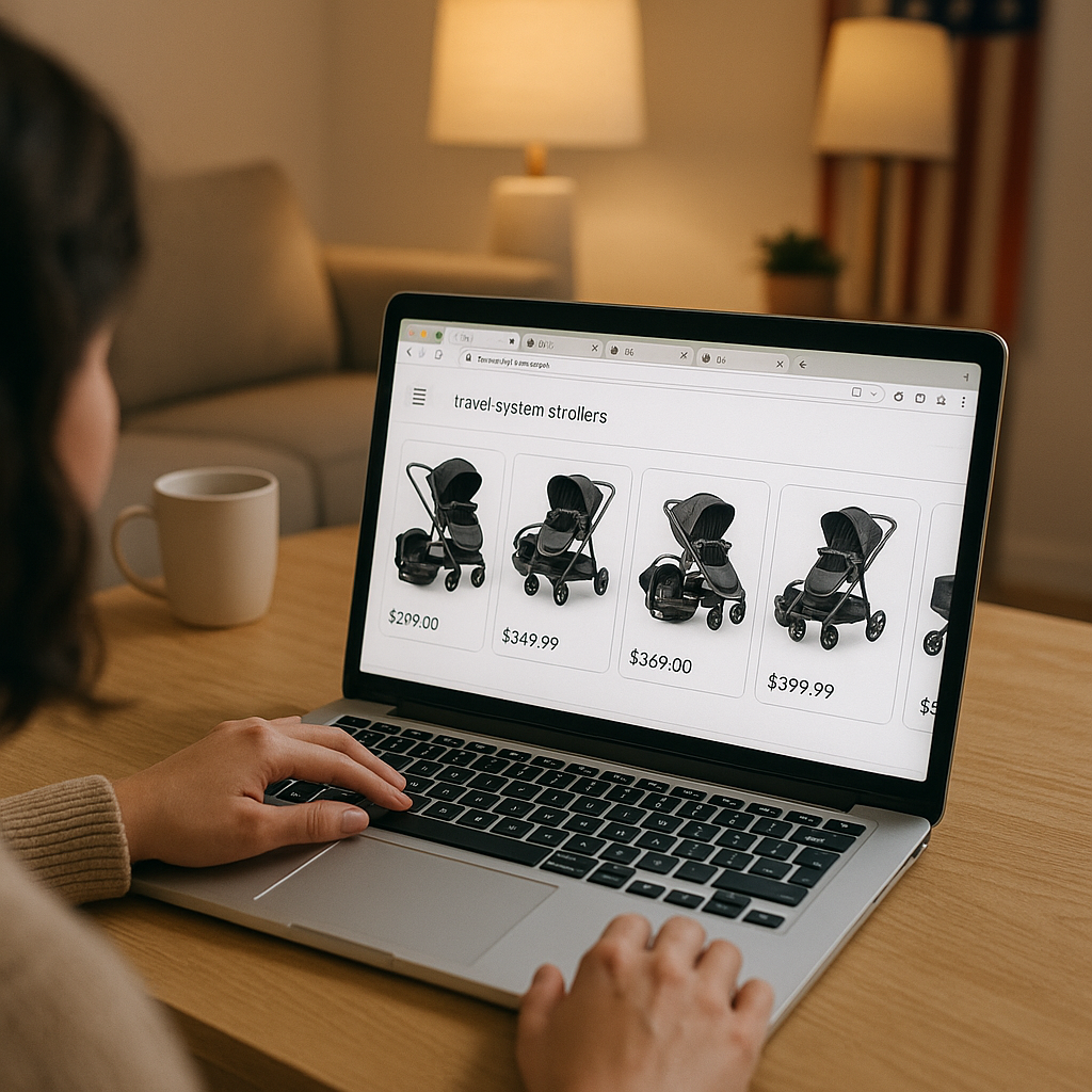 person shopping online for travel system strollers showing comparison shopping - travel system strollers on sale