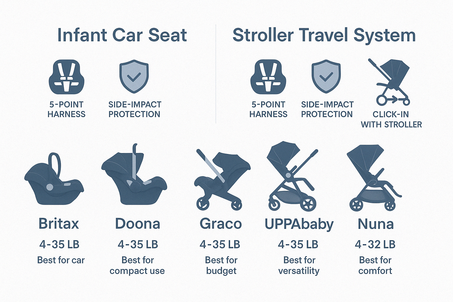Comparison of infant car seats and stroller travel systems showing key features, weight limits, and compatibility - infant car seats and stroller infographic 