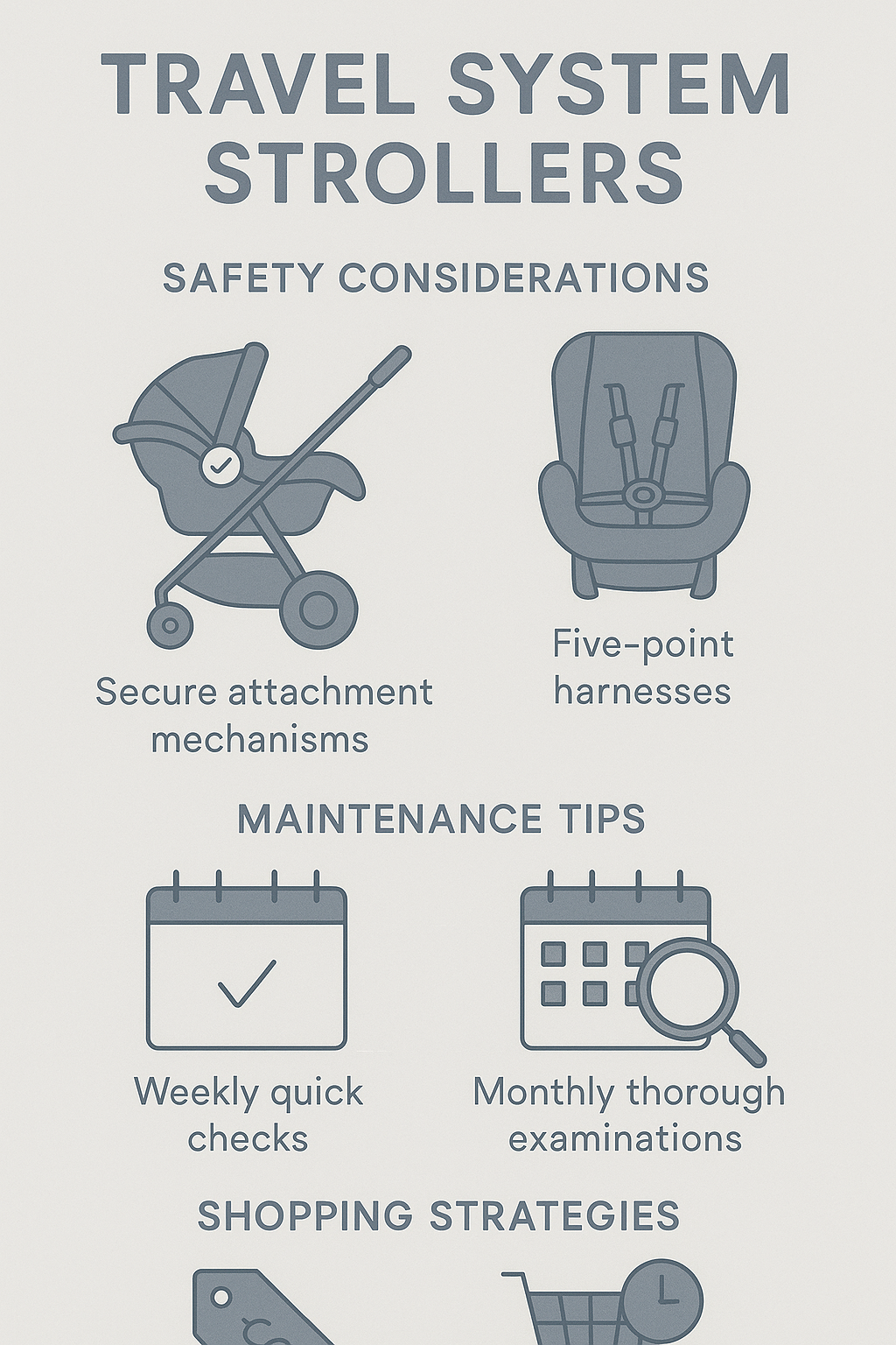 Summary of key points when purchasing travel system strollers showing safety considerations, maintenance tips, and shopping strategies - travel system strollers on sale infographic 